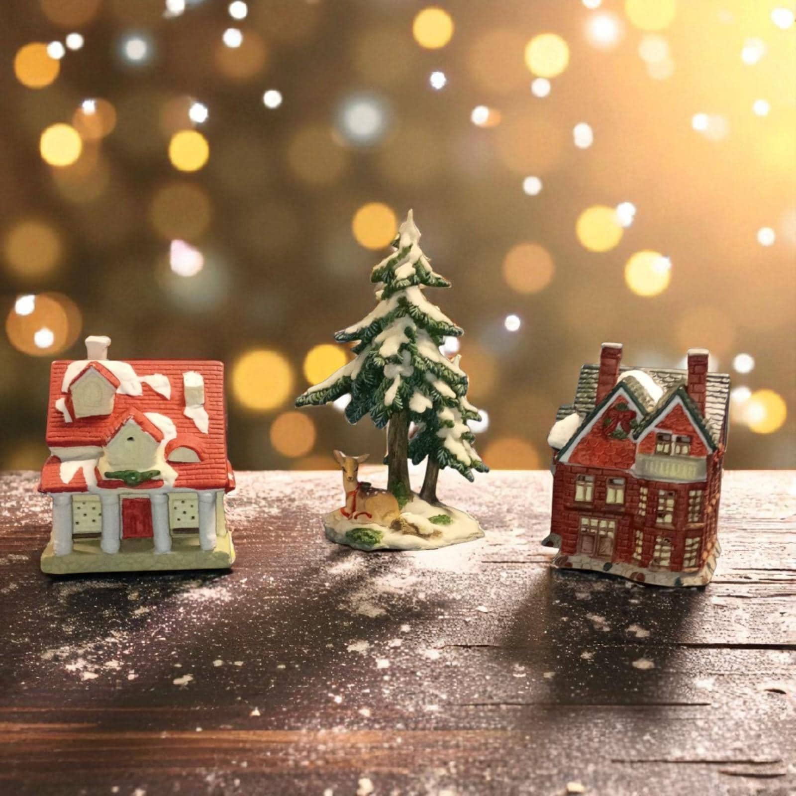 Santa’s best 1995 mini christmas village set – 2 porcelain houses & deer tree...