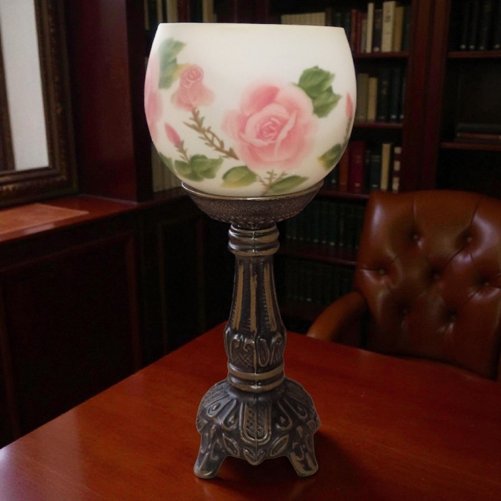 Vintage Hand Painted Rose Glass Globe on Ornate Metal Pedestal Stand – 9.5”...