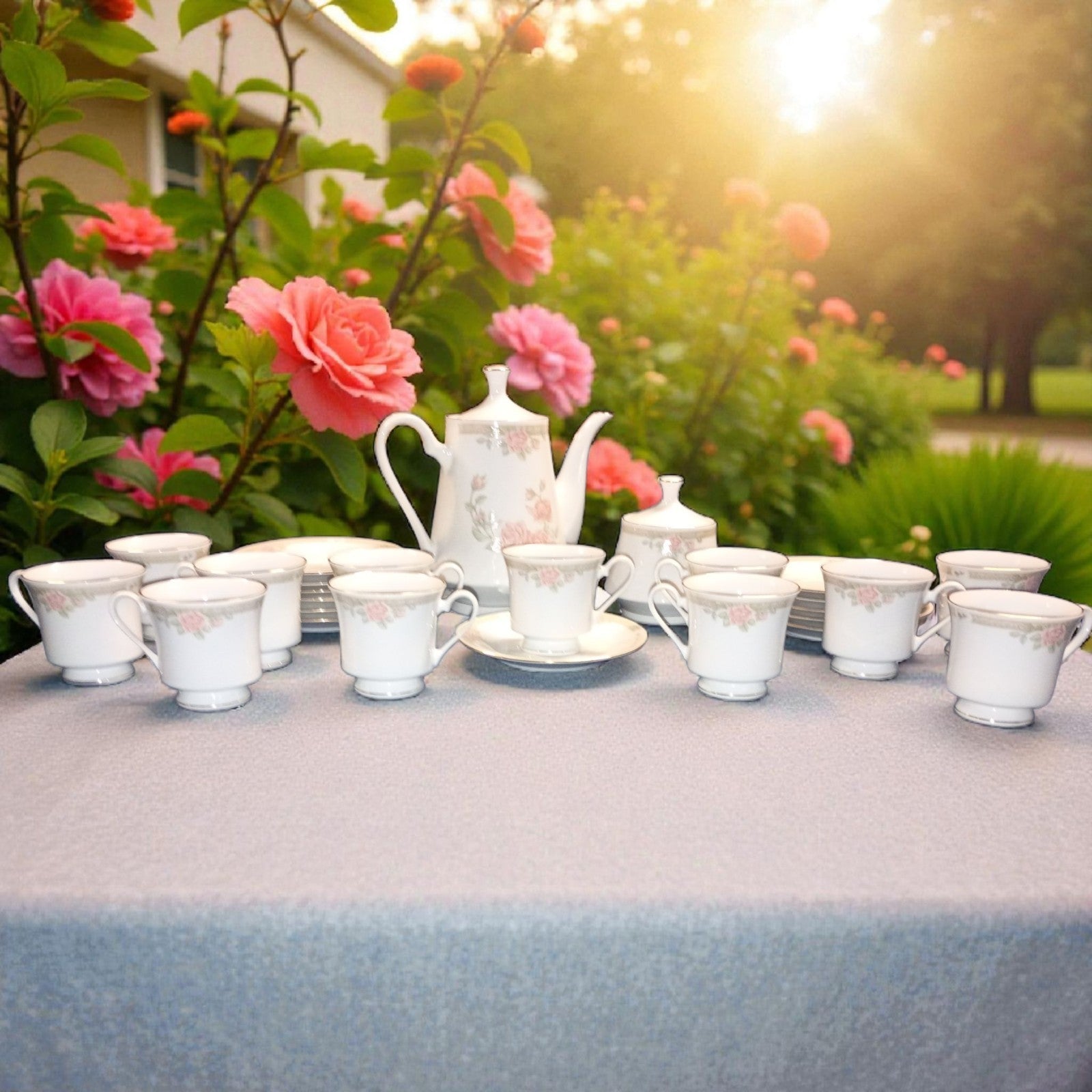 Crown Ming Fine China Jian Shiang Pink Rose Tea Set โ 26 Piece Set with Teapot,