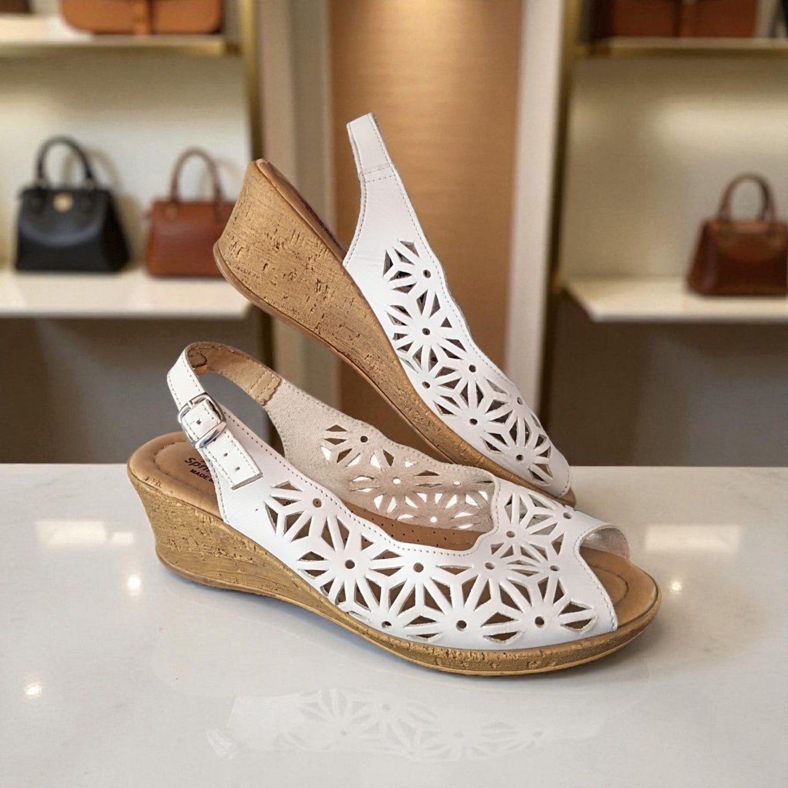 Spring Step White Leather Slingback Wedge Sandals Women’s Size 39 (US 9) Made in