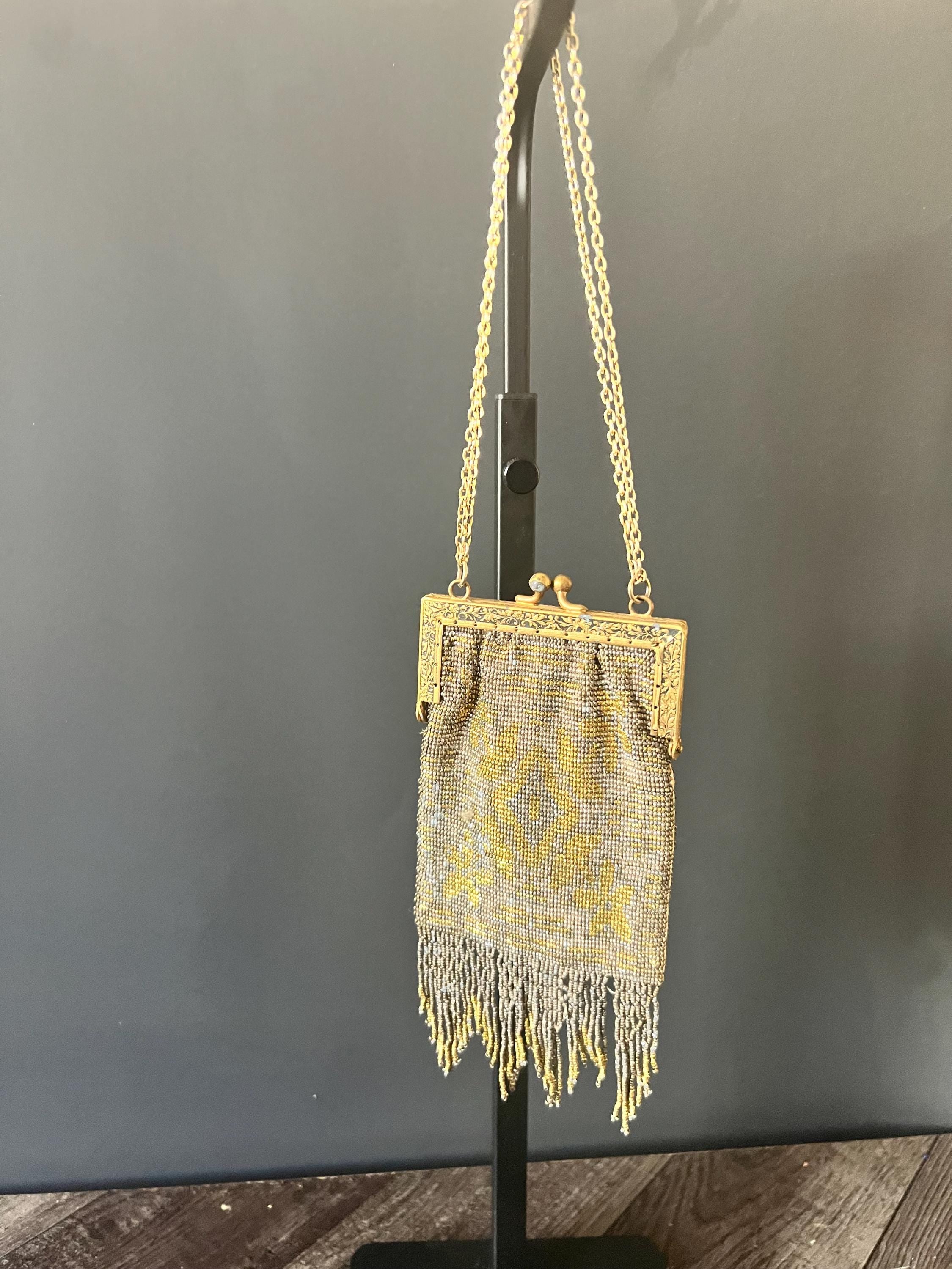 France Vintage Victorian micro-beaded purse, gold and silver