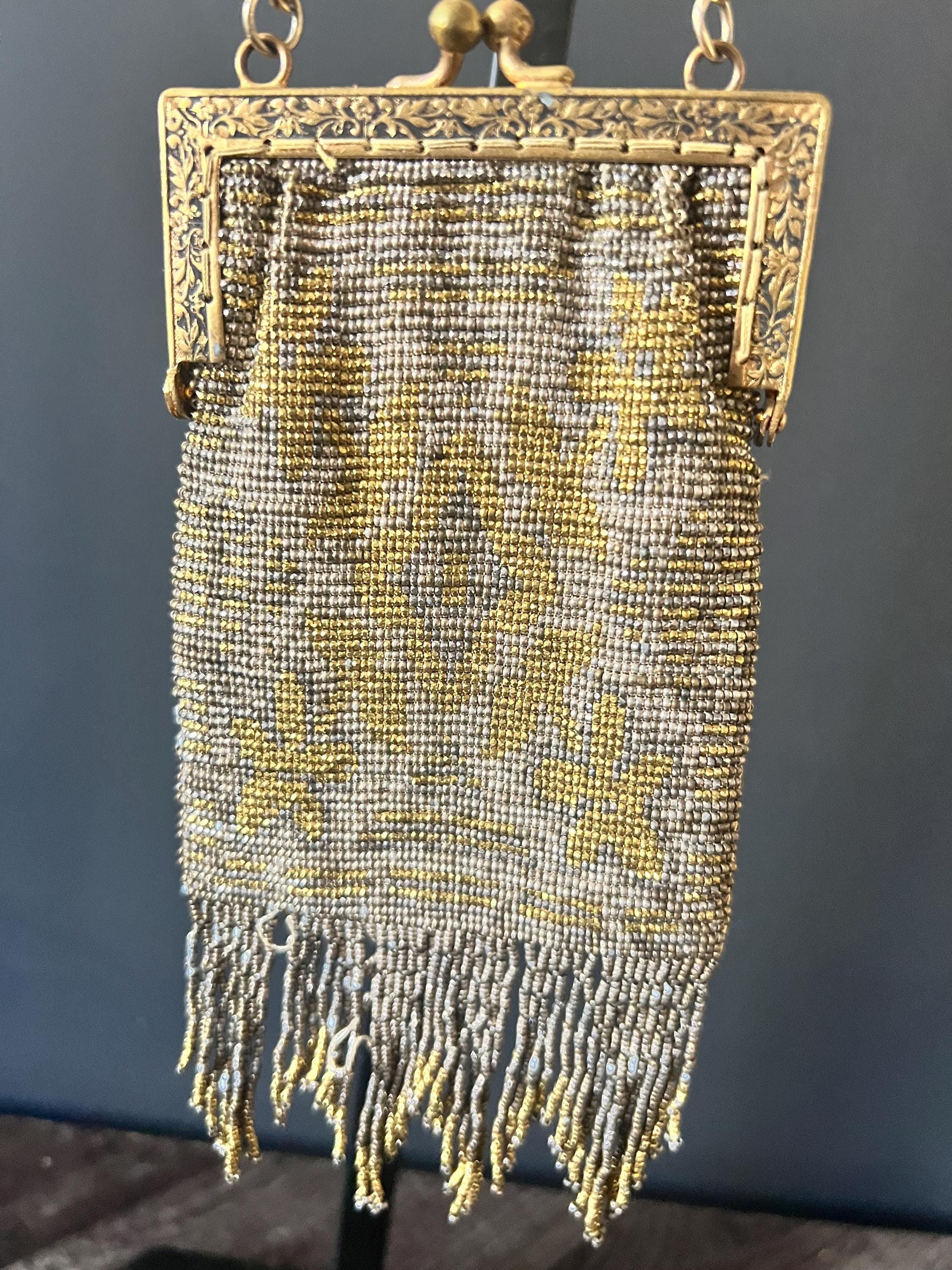 France Vintage Victorian micro-beaded purse, gold and silver