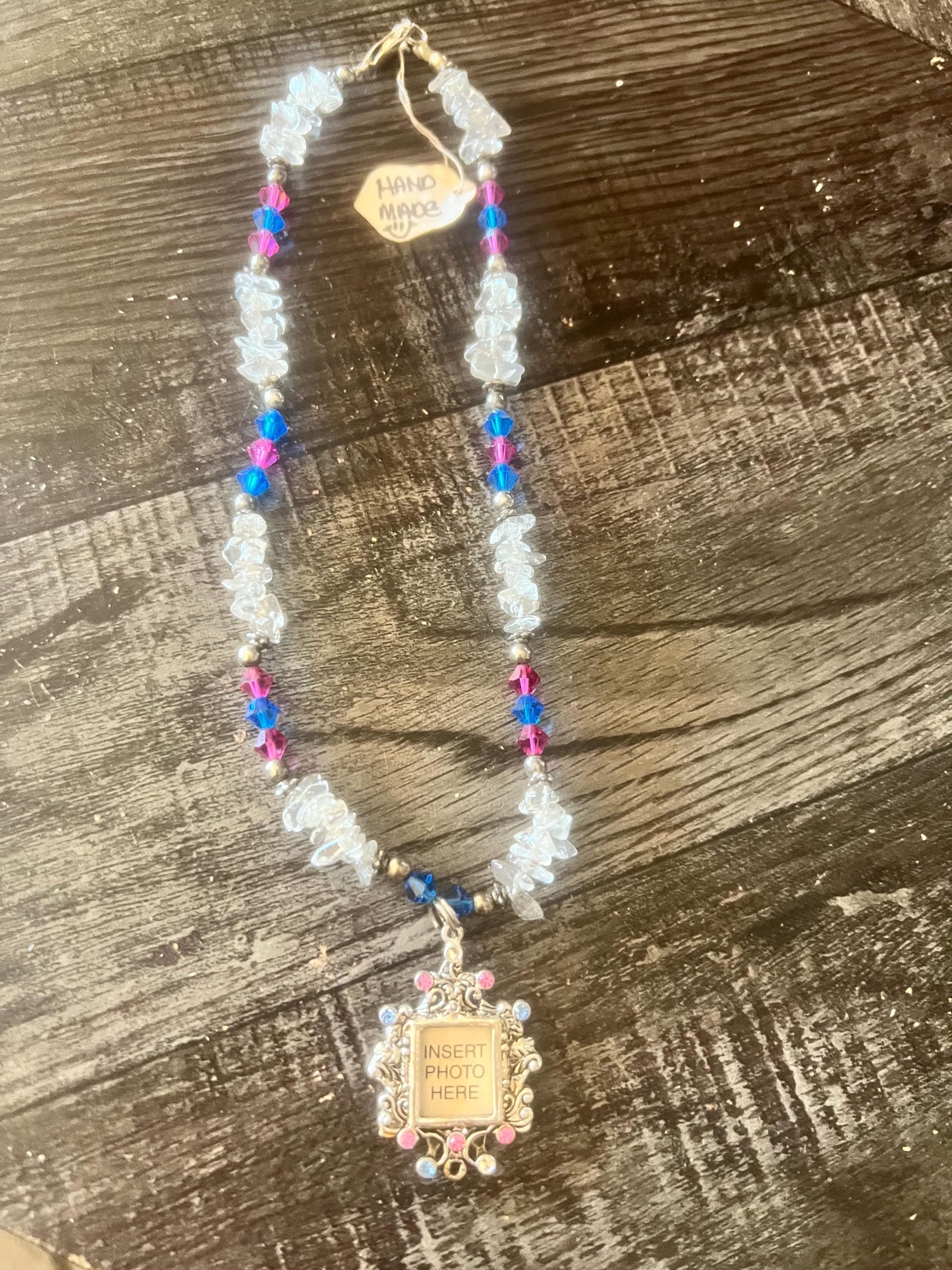 Handmade Beaded Necklace with Photo Frame Pendant – Red, Blue & Clear Crystal – Personalized Gift