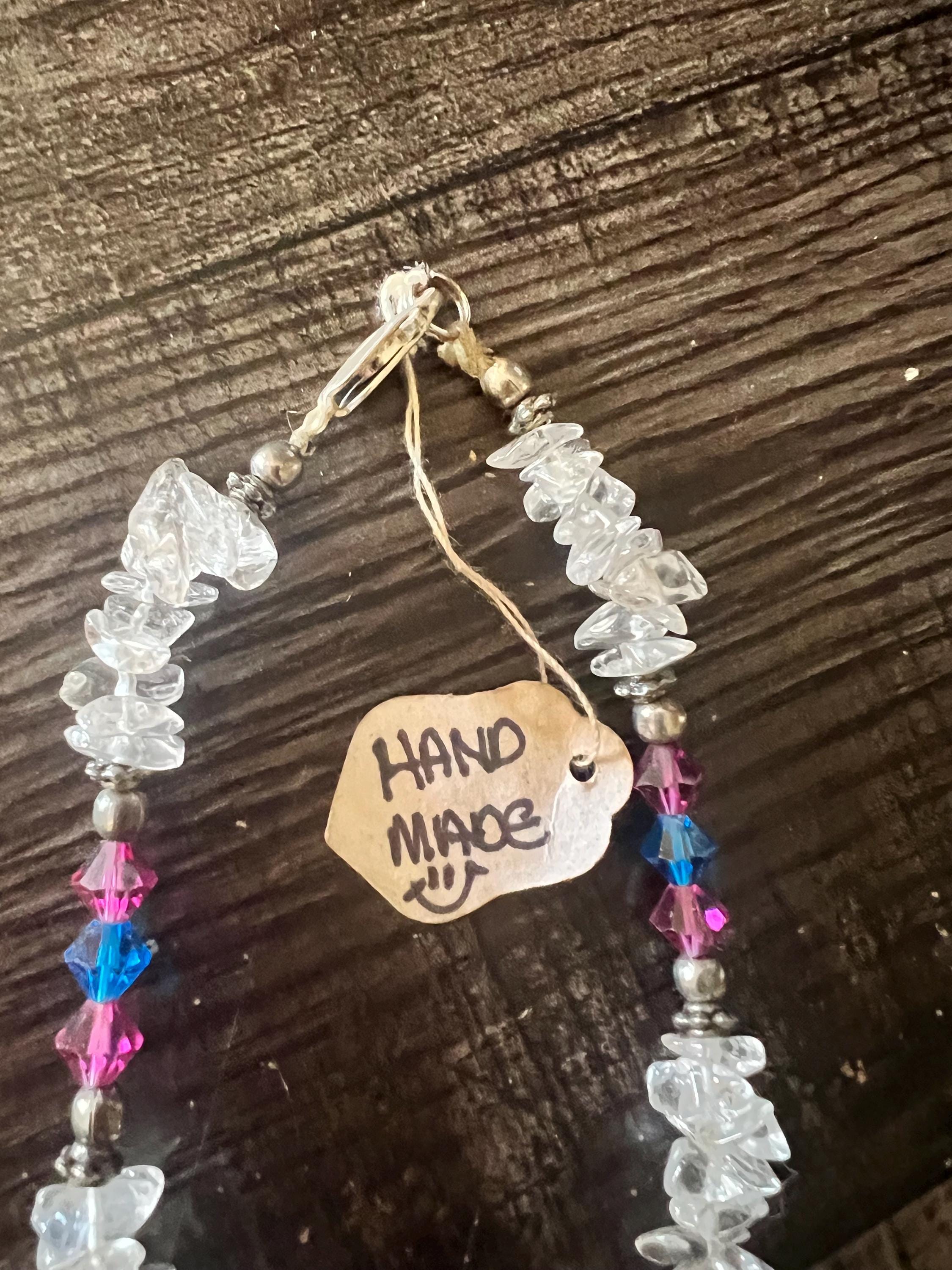 Handmade Beaded Necklace with Photo Frame Pendant – Red, Blue & Clear Crystal – Personalized Gift