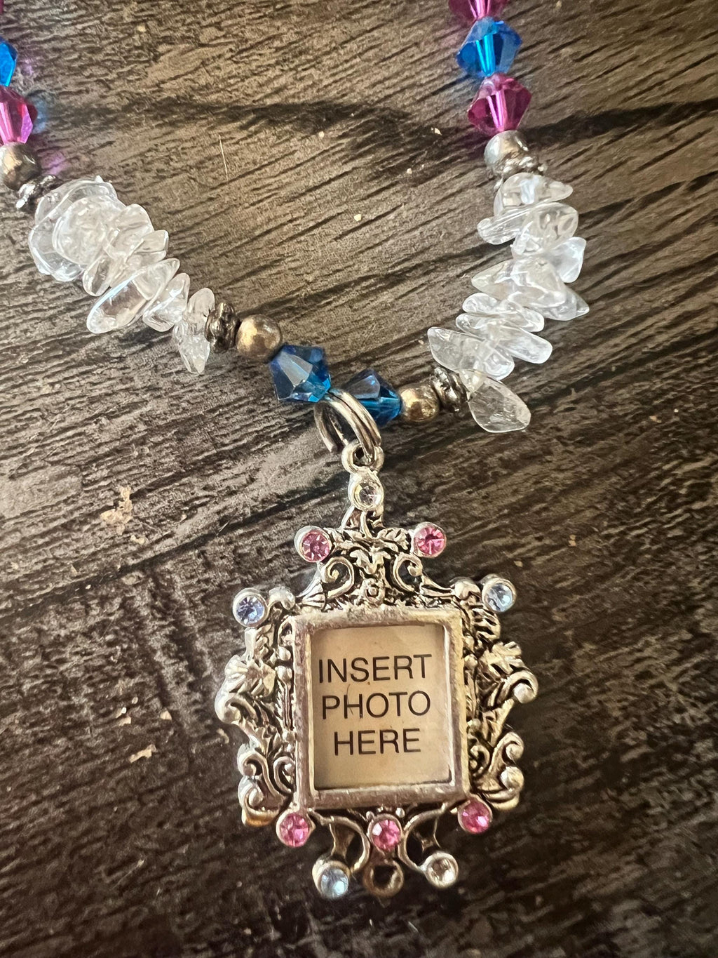 Handmade Beaded Necklace with Photo Frame Pendant – Red, Blue & Clear Crystal – Personalized Gift