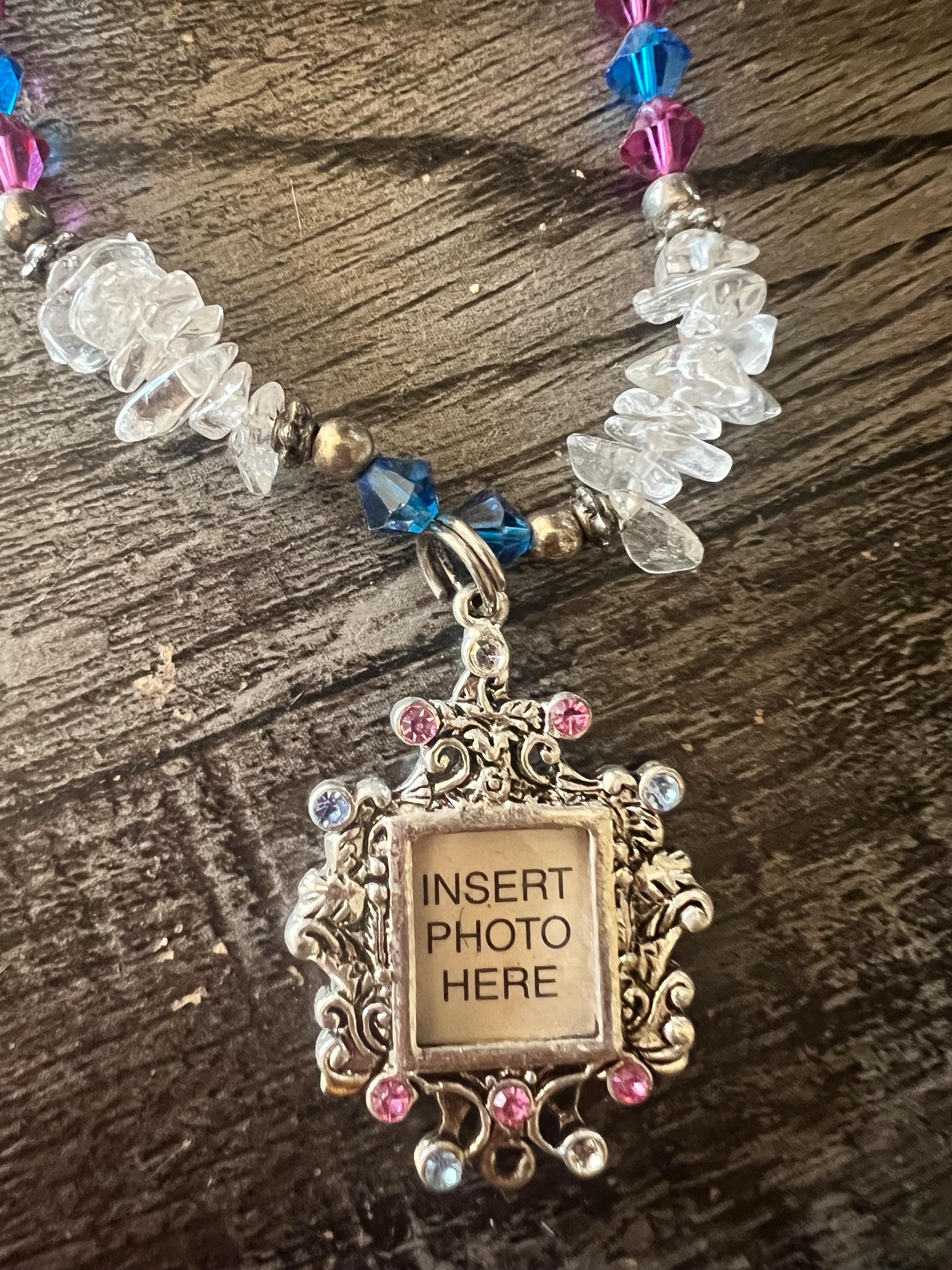 Handmade Beaded Necklace with Photo Frame Pendant – Red, Blue & Clear Crystal – Personalized Gift