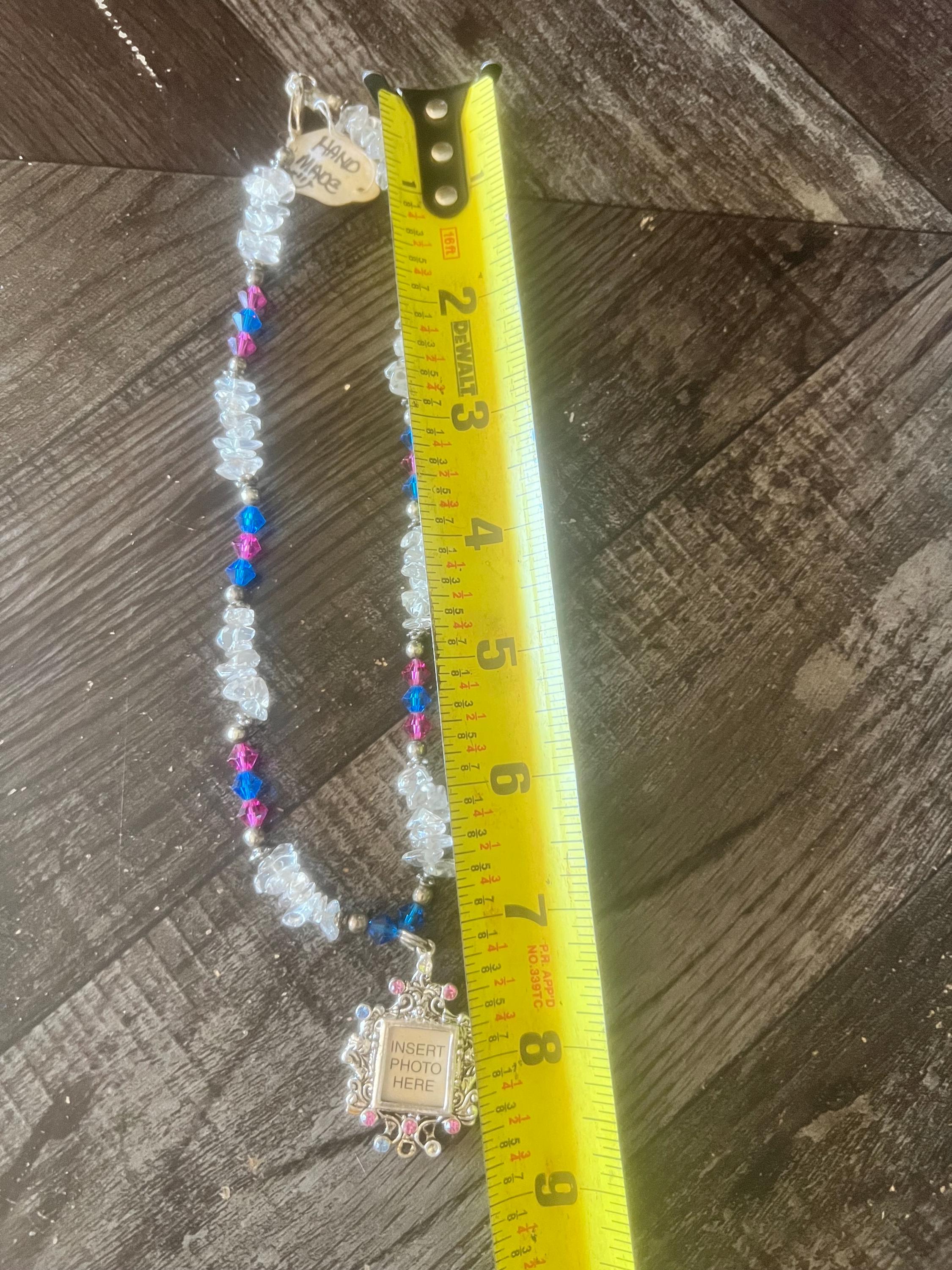 Handmade Beaded Necklace with Photo Frame Pendant – Red, Blue & Clear Crystal – Personalized Gift