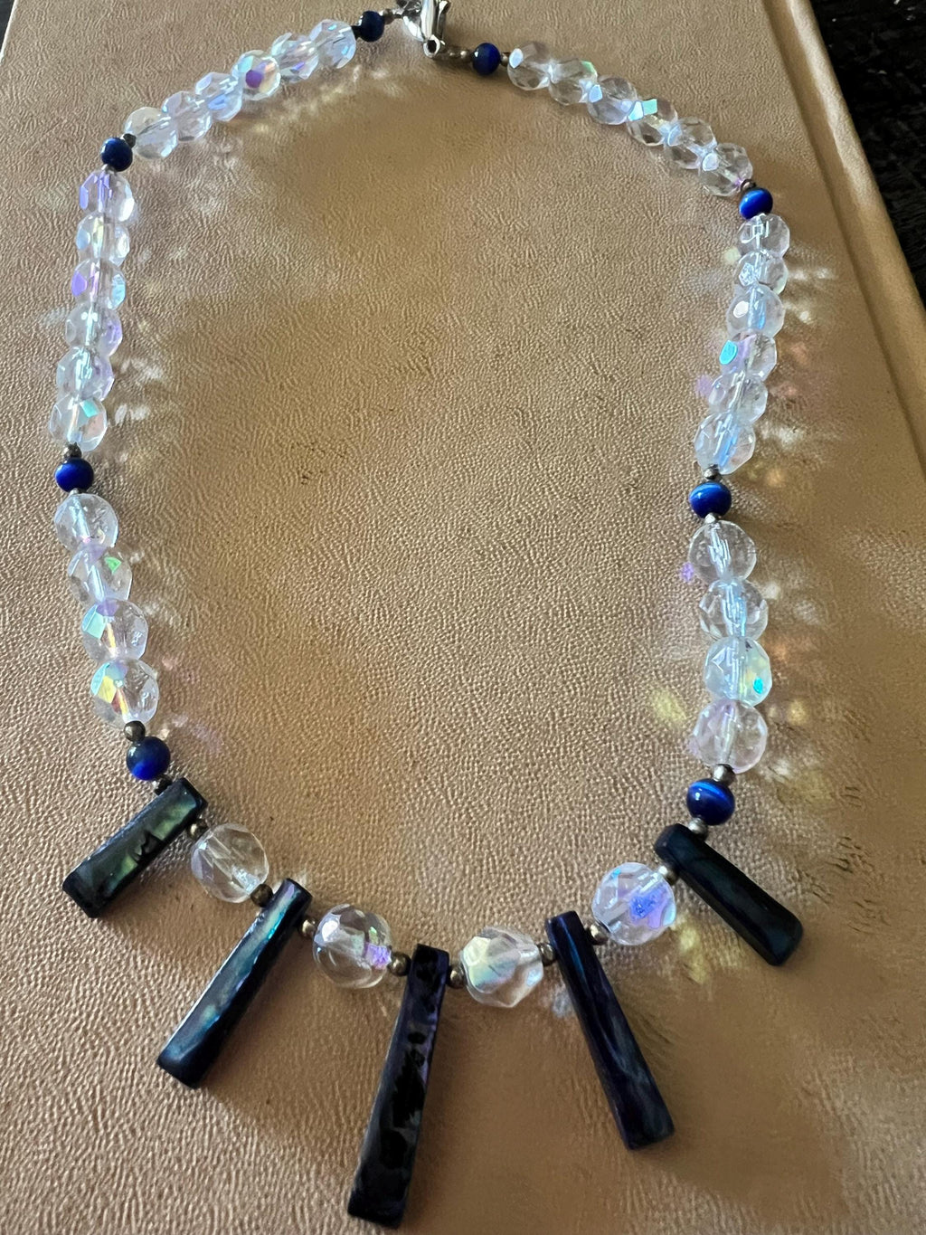 Handmade Aurora Borealis Crystal & Shell Necklace – Blue Dangle Beads – Iridescent Boho Glam Statement Jewelry