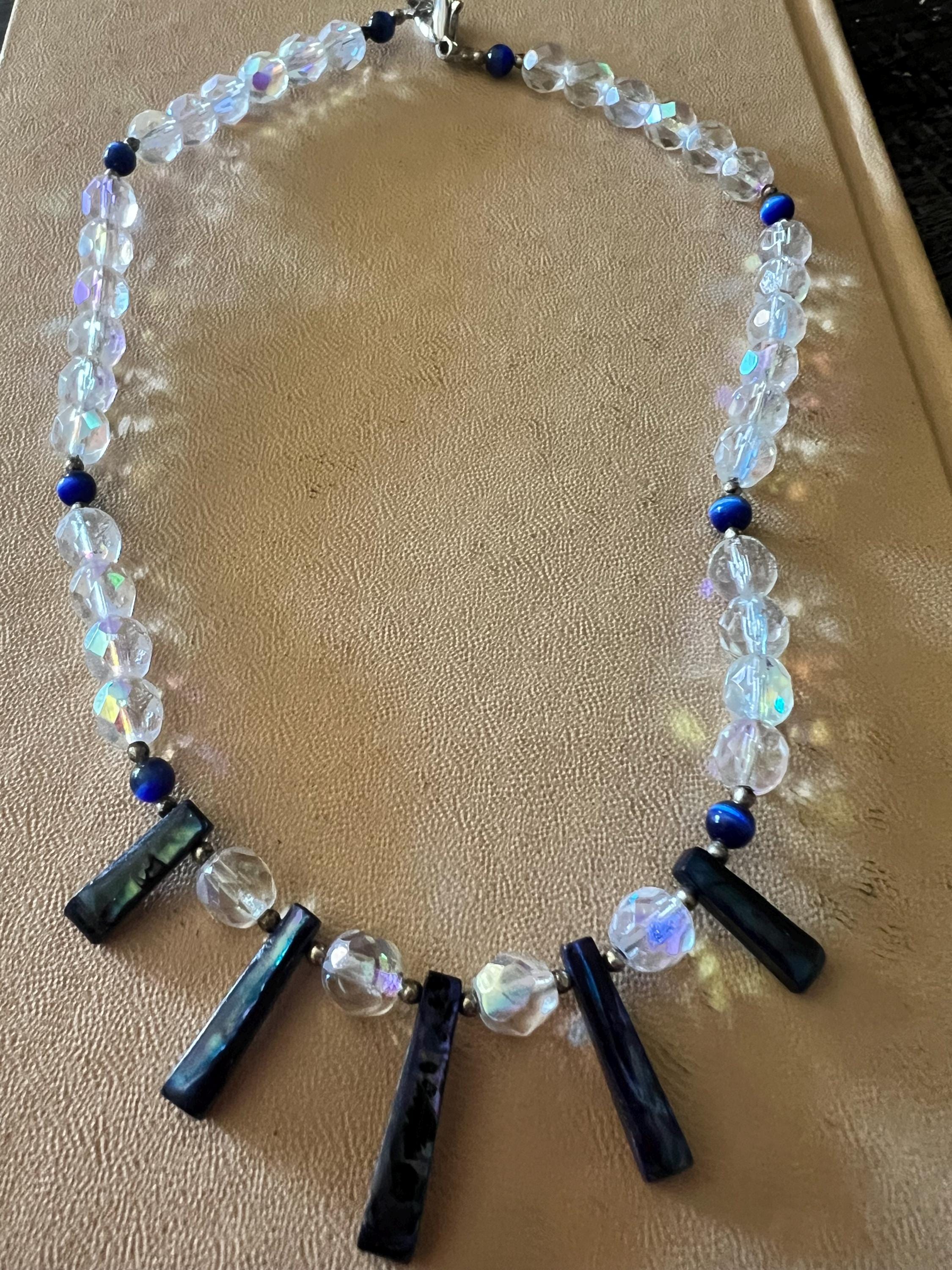 Handmade Aurora Borealis Crystal & Shell Necklace – Blue Dangle Beads – Iridescent Boho Glam Statement Jewelry