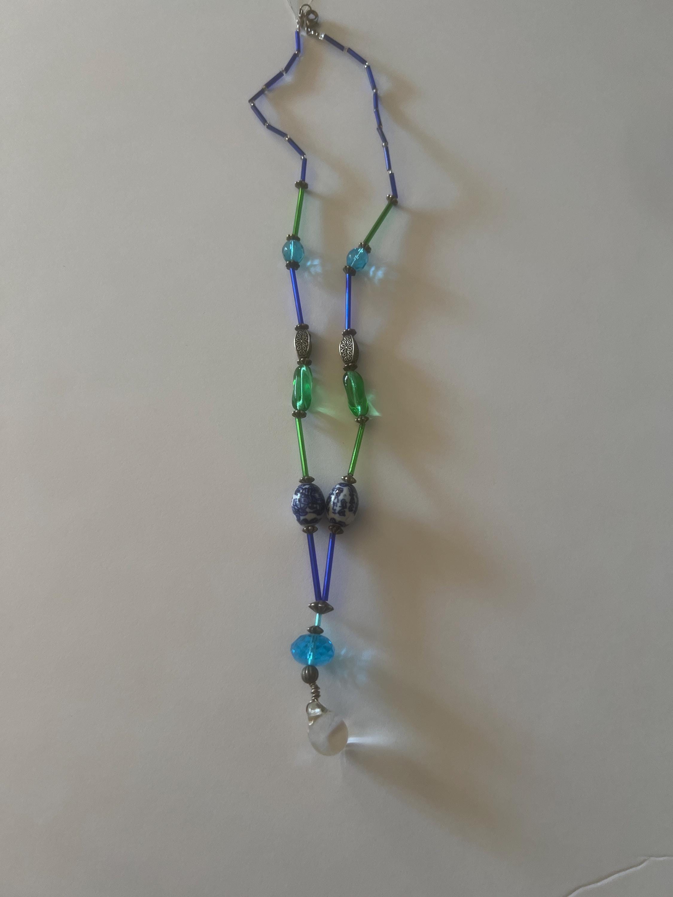 Handmade Blue and Green Beaded Necklace Non-Elastic Wire Strand Ceramic and Crystal Pendant