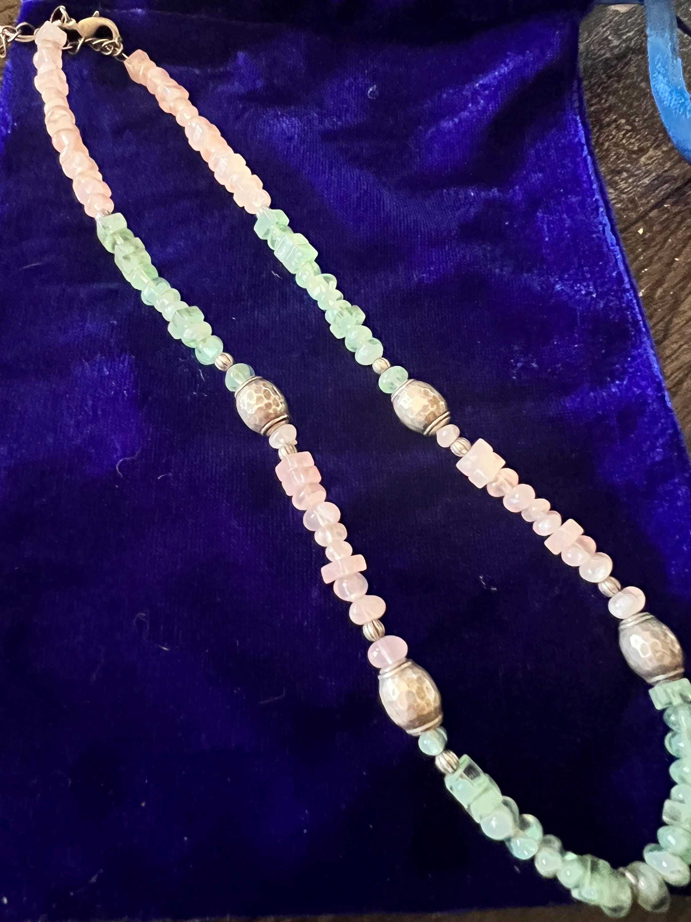 Handmade Rose Quartz & Green Aventurine Gemstone Necklace – Boho Healing Crystal Jewelry – Earthy Pastel Beaded Necklace