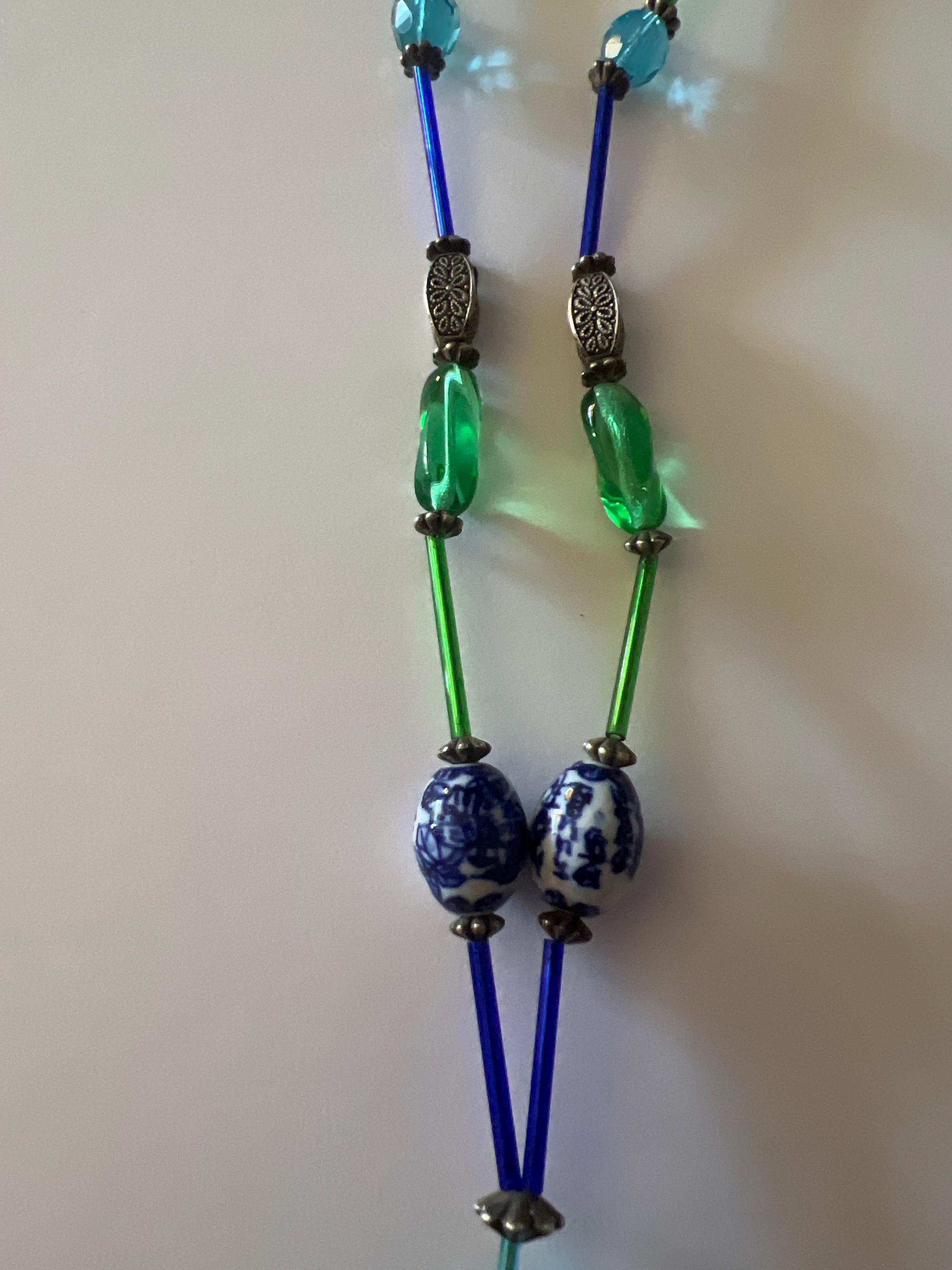 Handmade Blue and Green Beaded Necklace Non-Elastic Wire Strand Ceramic and Crystal Pendant