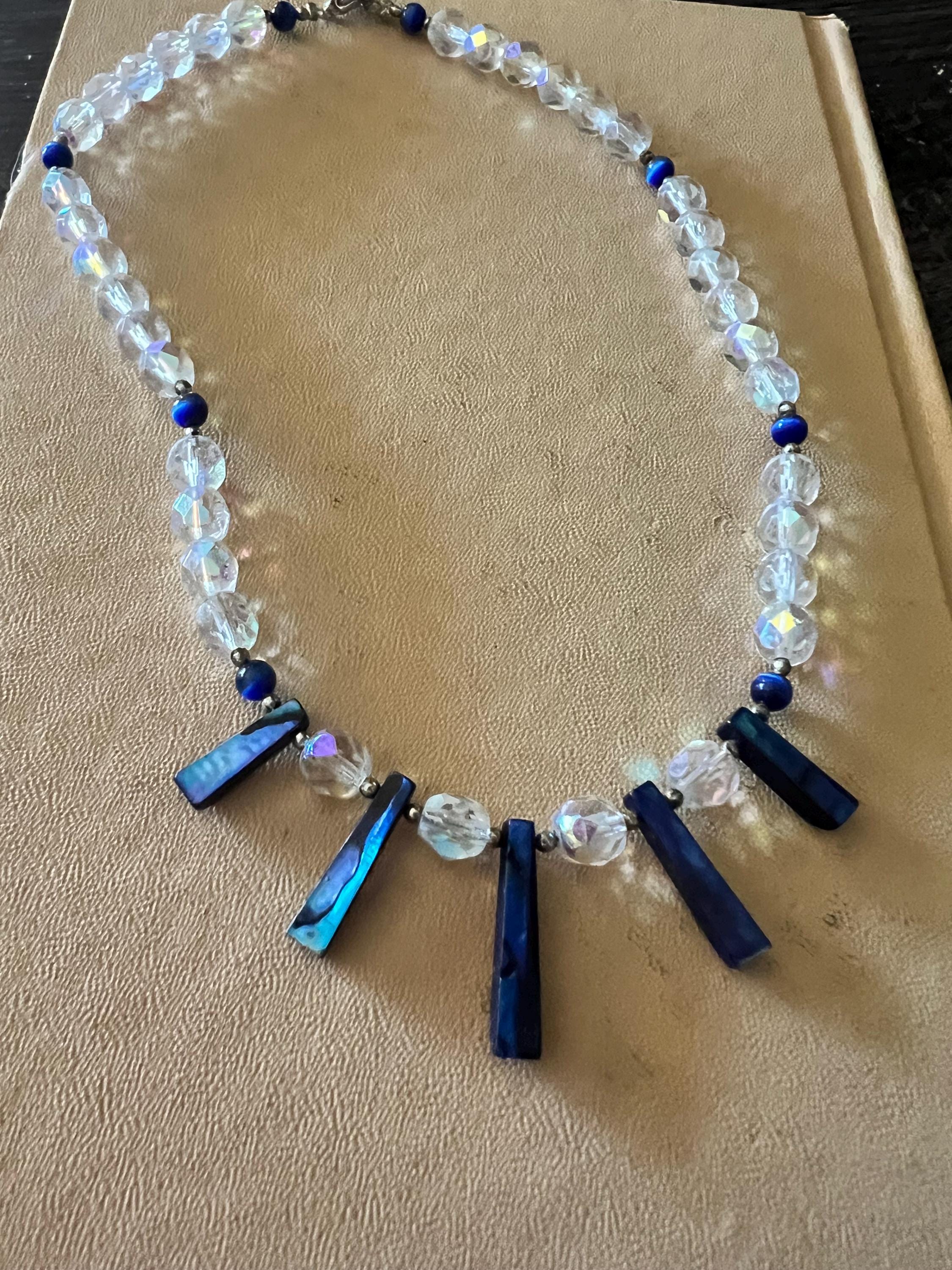 Handmade Aurora Borealis Crystal & Shell Necklace – Blue Dangle Beads – Iridescent Boho Glam Statement Jewelry