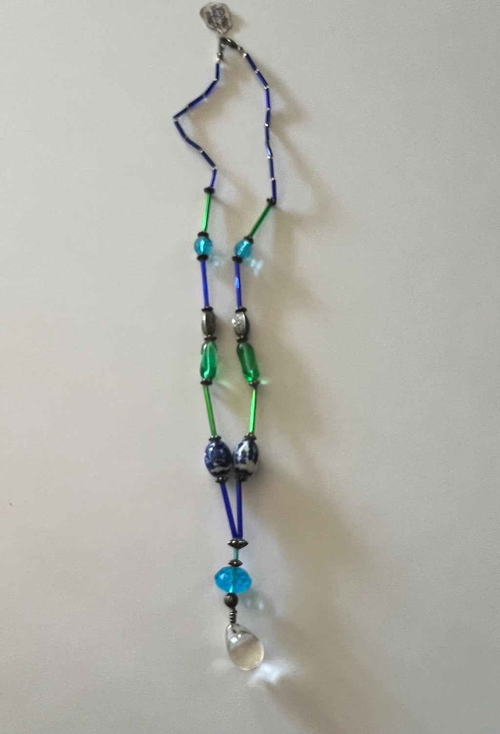 Handmade Blue and Green Beaded Necklace Non-Elastic Wire Strand Ceramic and Crystal Pendant