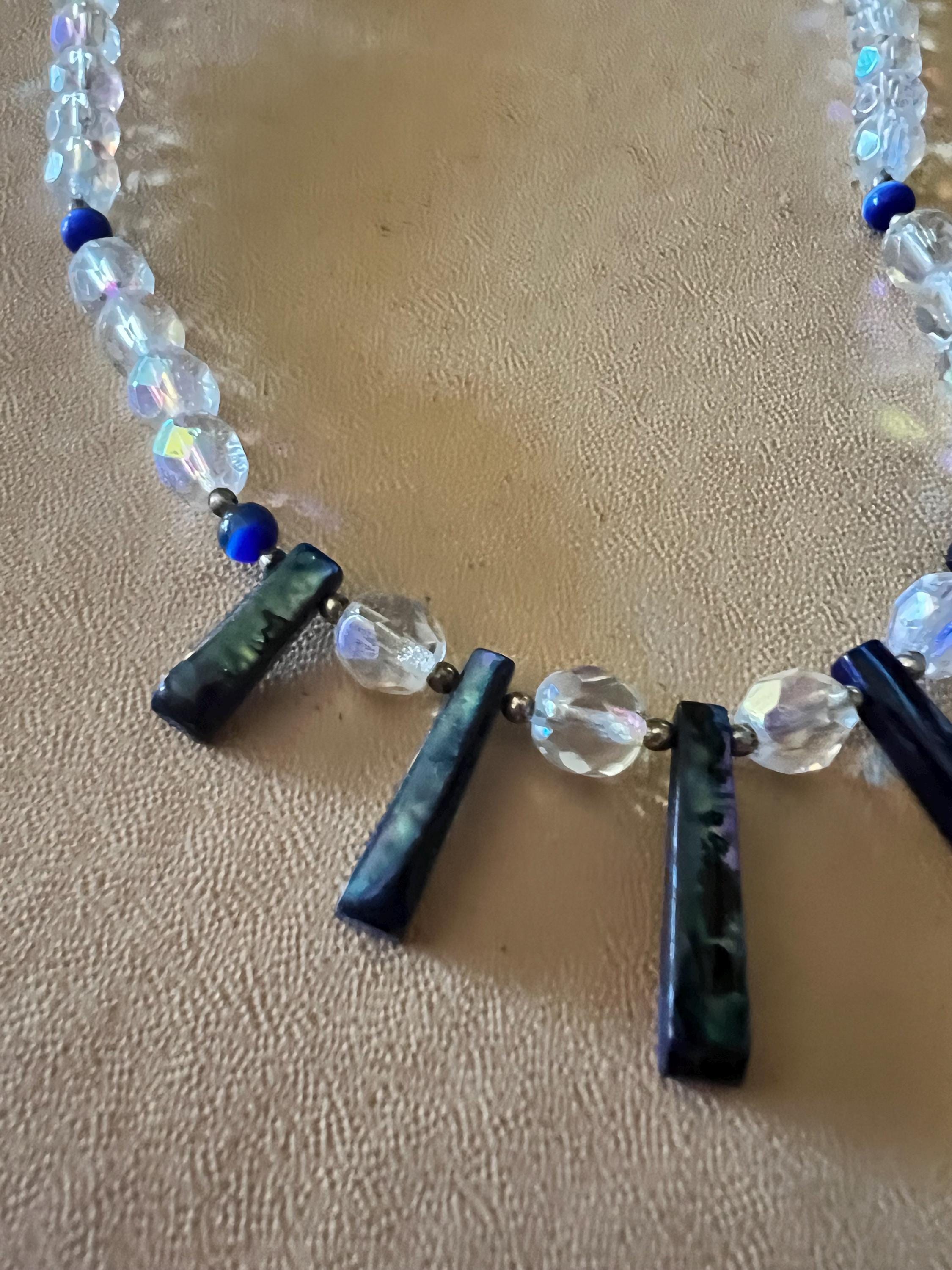 Handmade Aurora Borealis Crystal & Shell Necklace – Blue Dangle Beads – Iridescent Boho Glam Statement Jewelry
