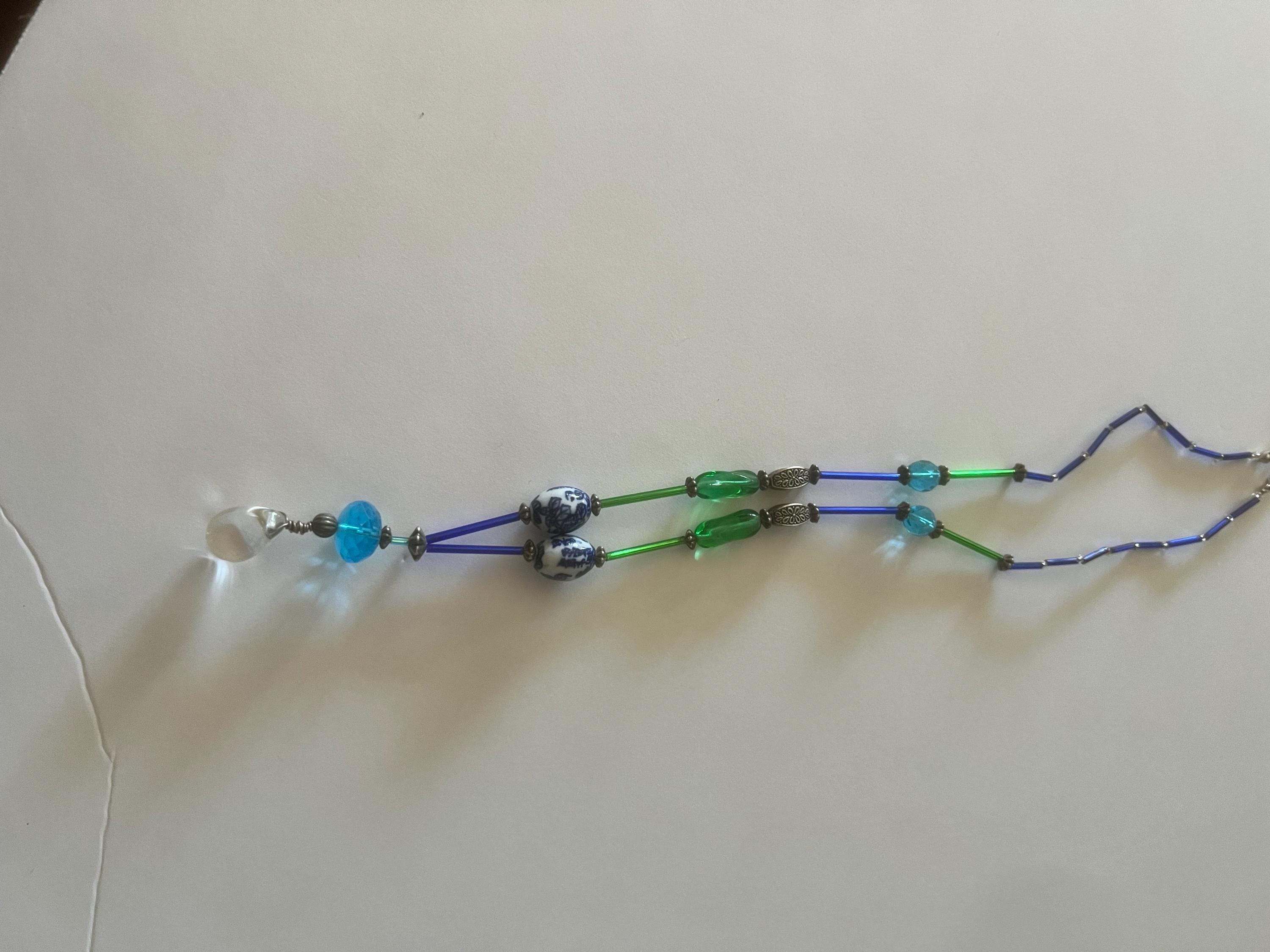 Handmade Blue and Green Beaded Necklace Non-Elastic Wire Strand Ceramic and Crystal Pendant