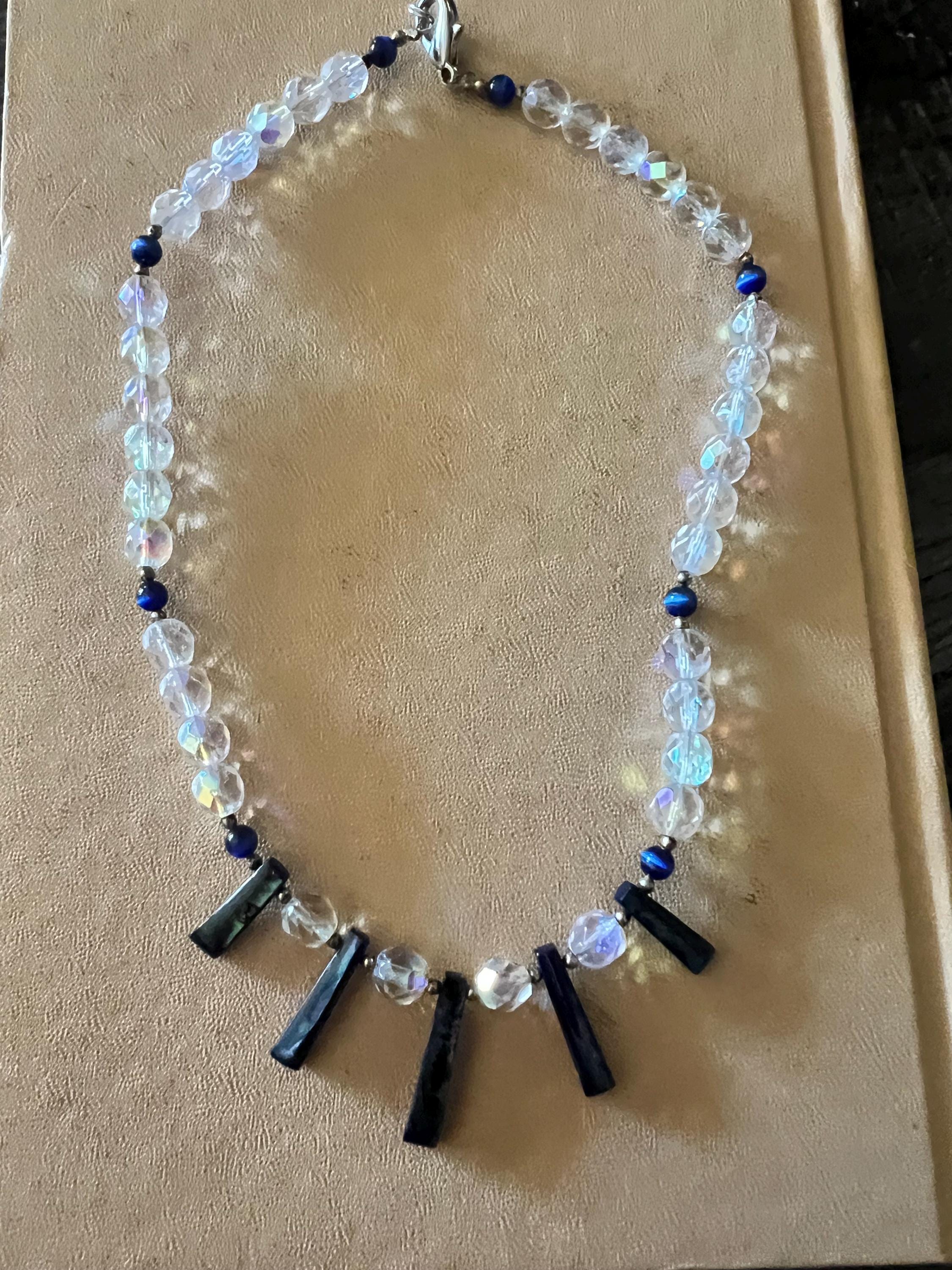 Handmade Aurora Borealis Crystal & Shell Necklace – Blue Dangle Beads – Iridescent Boho Glam Statement Jewelry