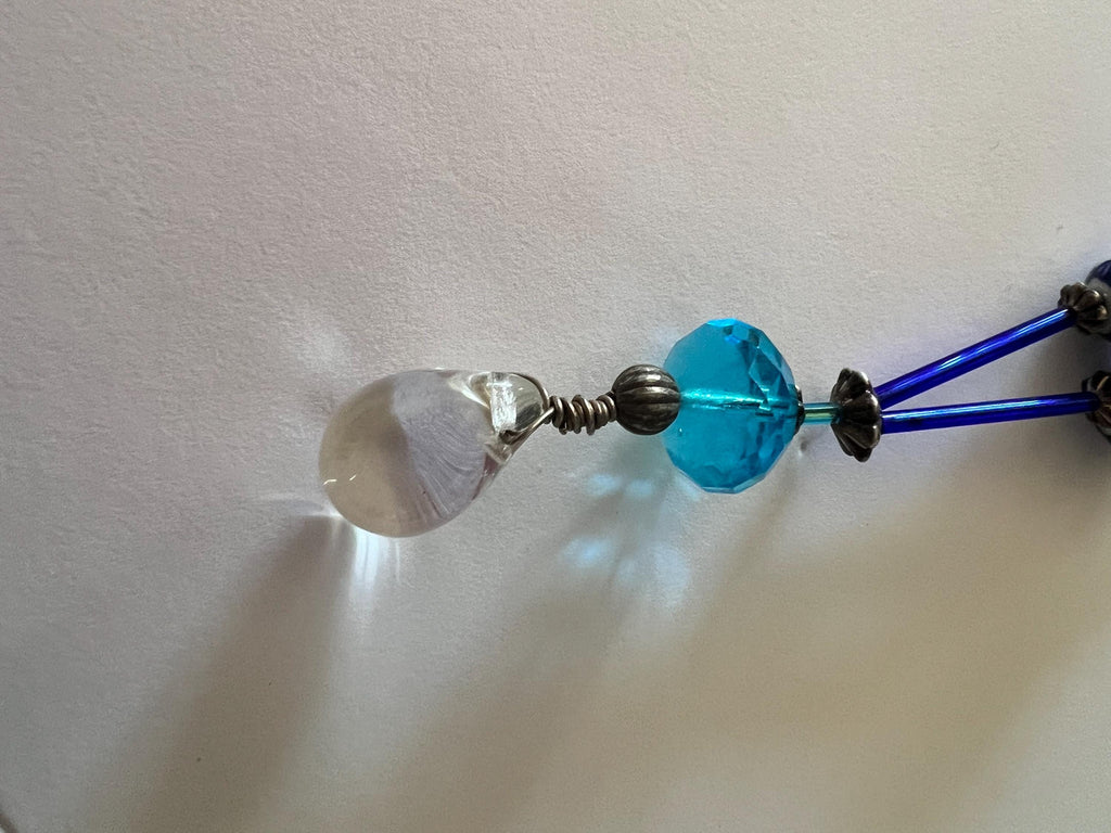 Handmade Blue and Green Beaded Necklace Non-Elastic Wire Strand Ceramic and Crystal Pendant