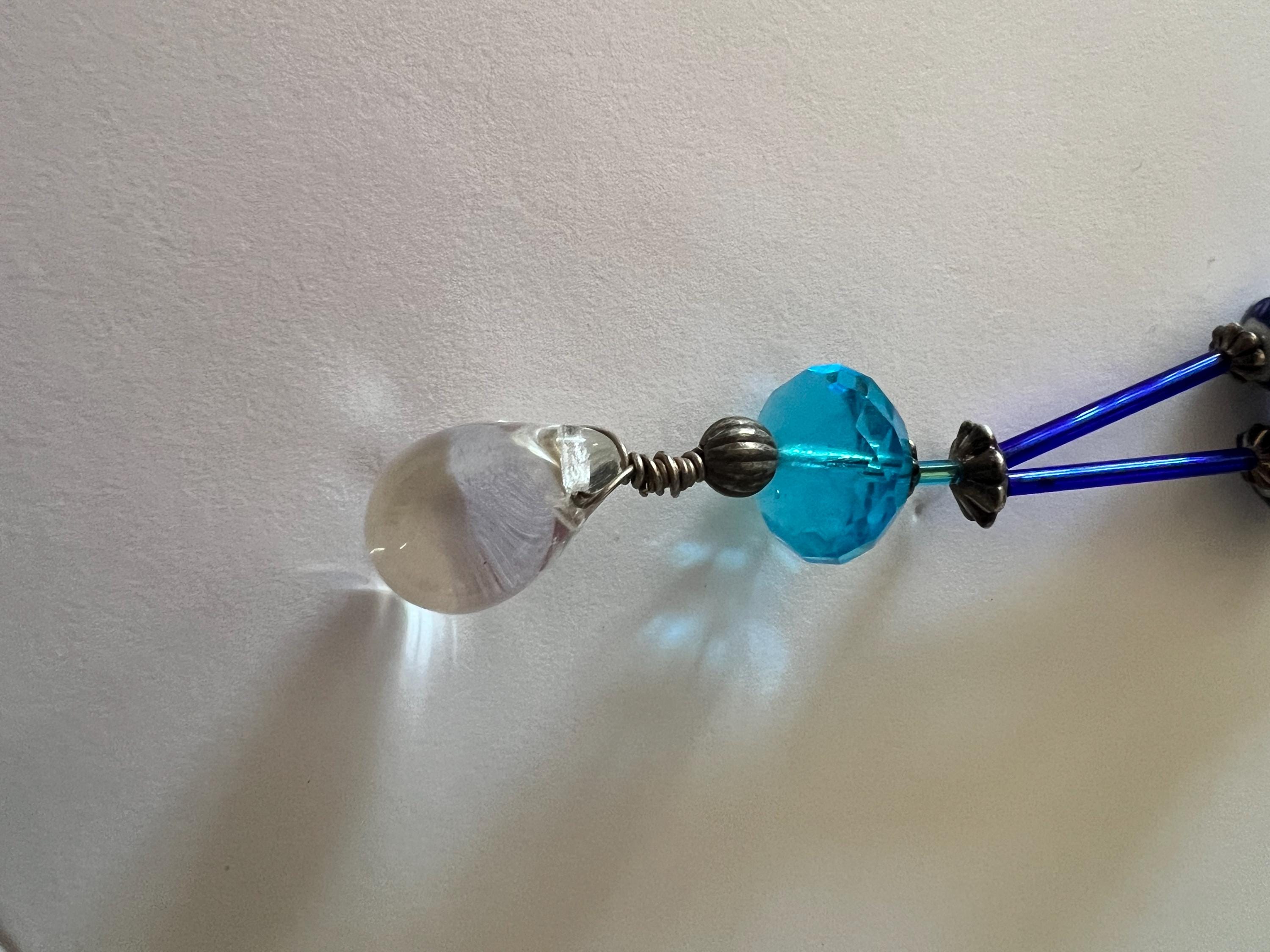 Handmade Blue and Green Beaded Necklace Non-Elastic Wire Strand Ceramic and Crystal Pendant