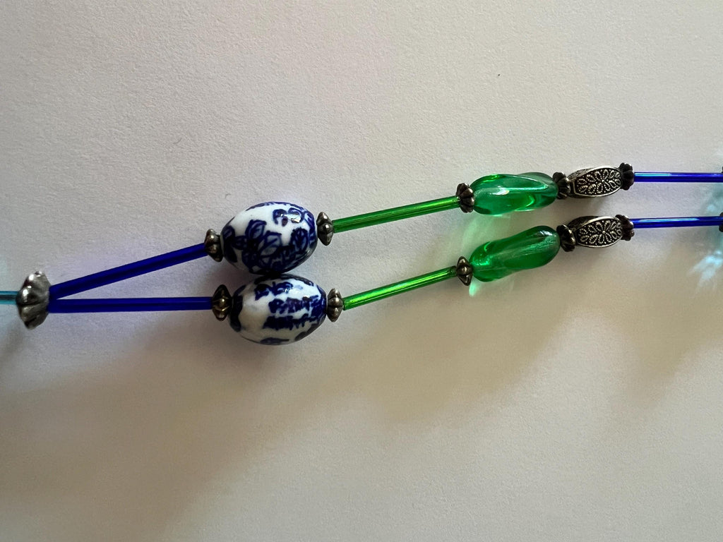 Handmade Blue and Green Beaded Necklace Non-Elastic Wire Strand Ceramic and Crystal Pendant