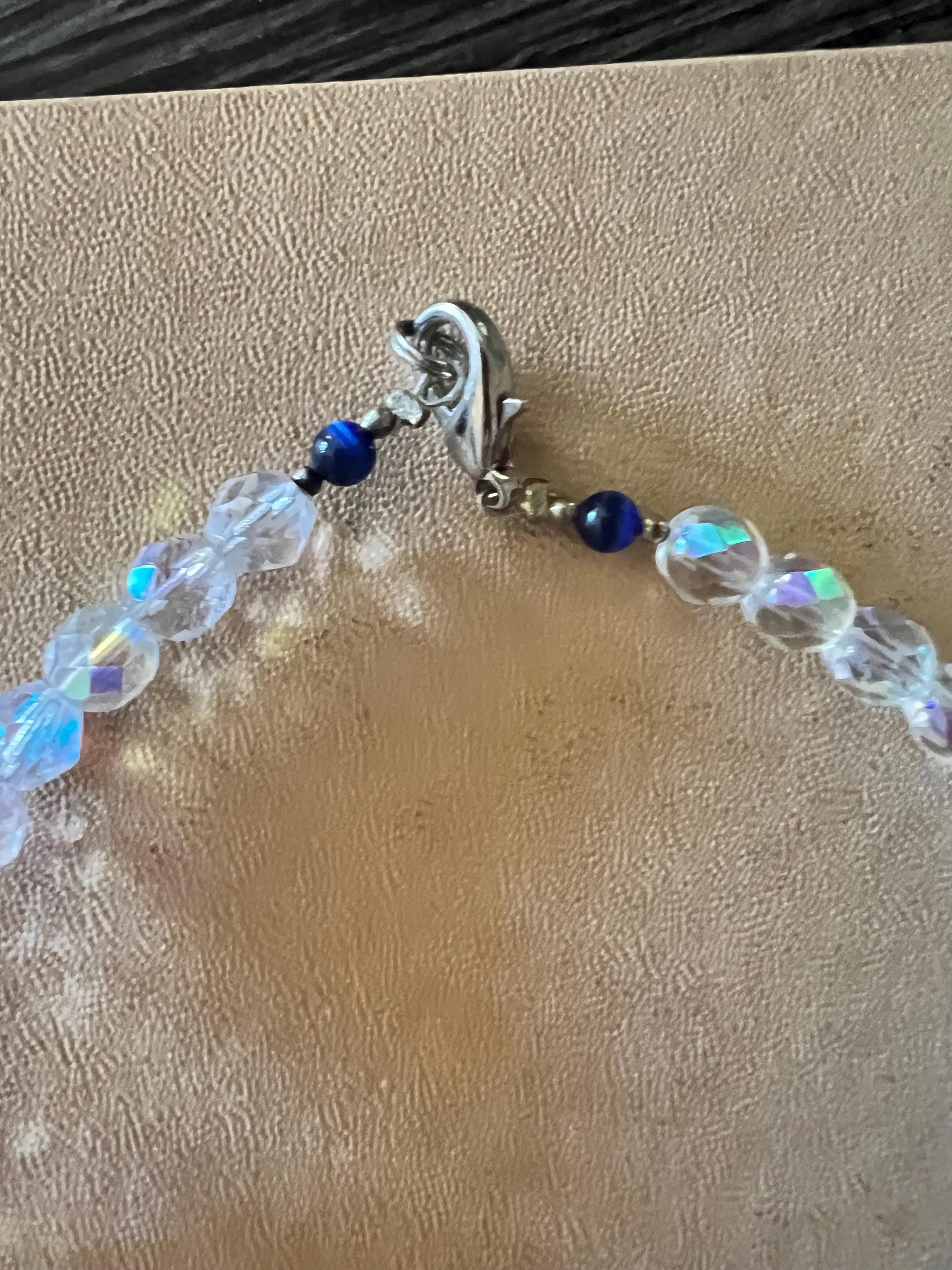 Handmade Aurora Borealis Crystal & Shell Necklace – Blue Dangle Beads – Iridescent Boho Glam Statement Jewelry