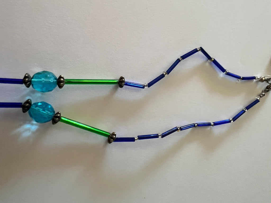 Handmade Blue and Green Beaded Necklace Non-Elastic Wire Strand Ceramic and Crystal Pendant