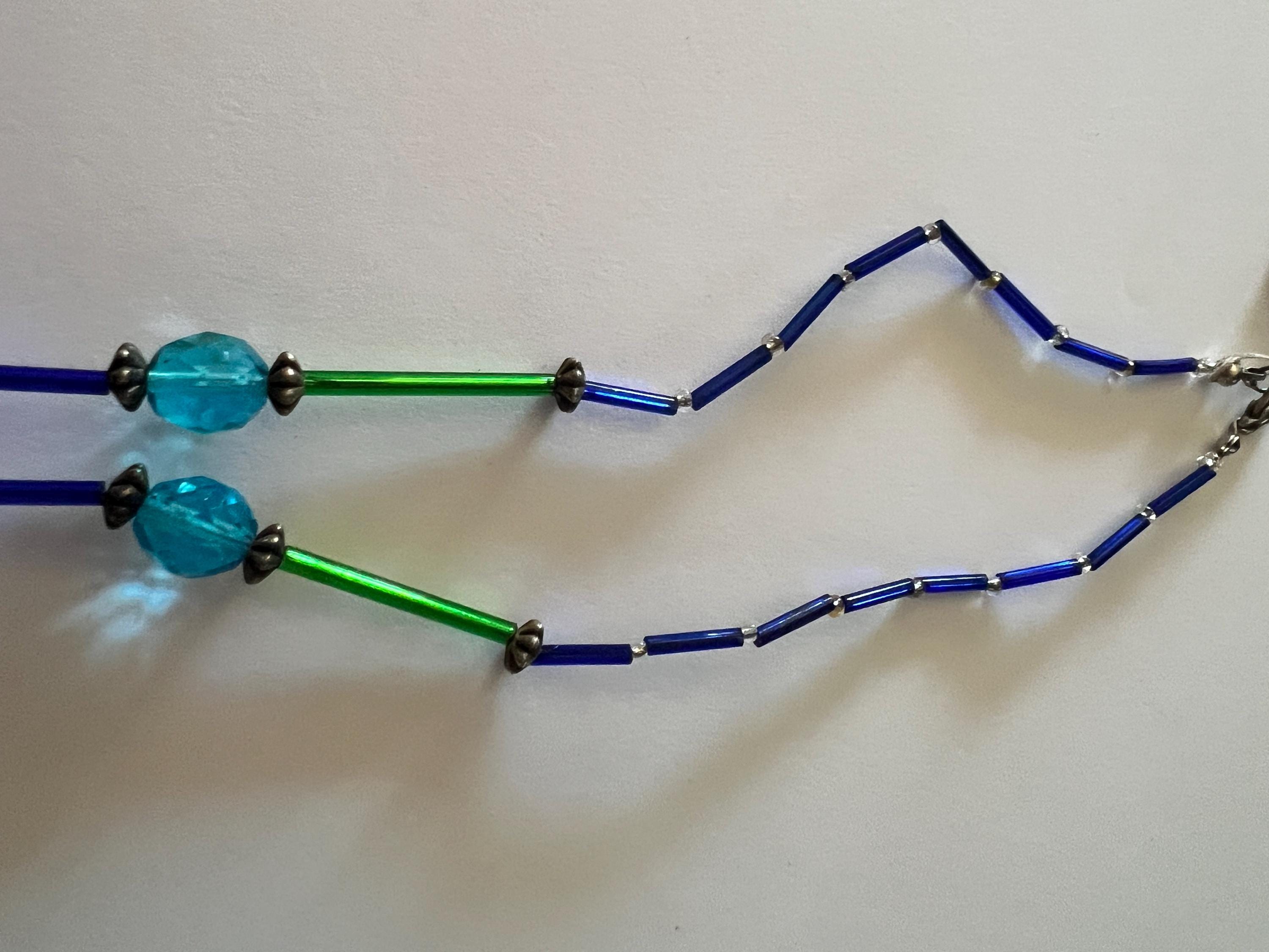 Handmade Blue and Green Beaded Necklace Non-Elastic Wire Strand Ceramic and Crystal Pendant