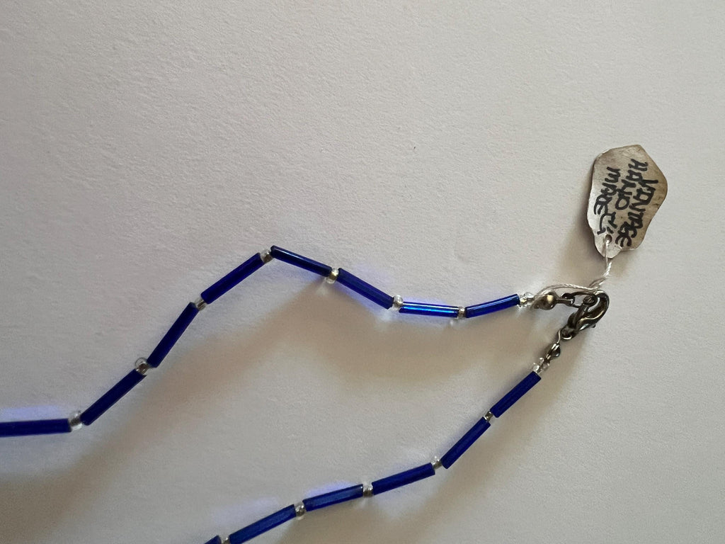 Handmade Blue and Green Beaded Necklace Non-Elastic Wire Strand Ceramic and Crystal Pendant
