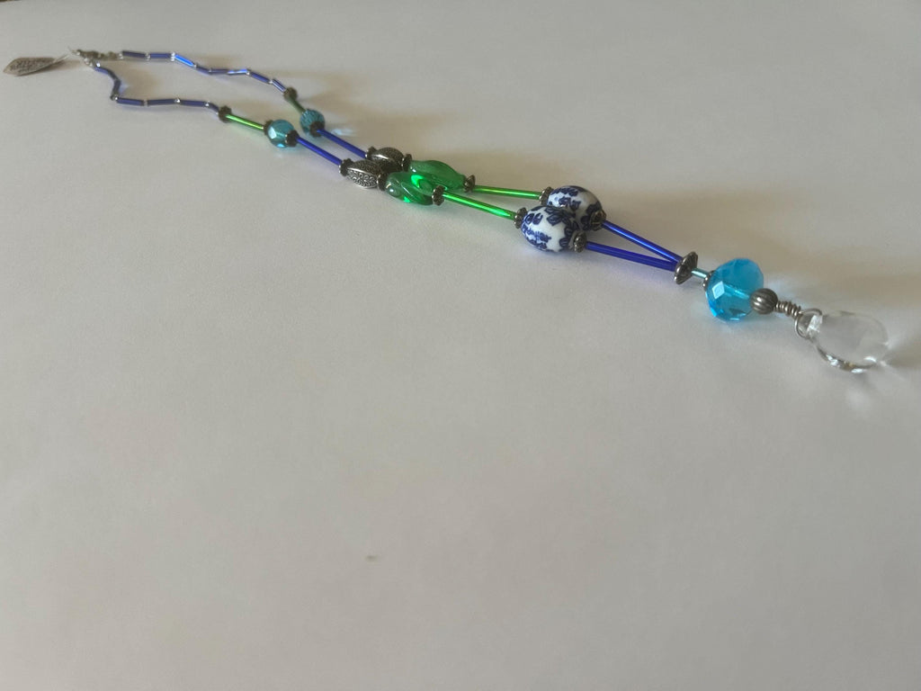 Handmade Blue and Green Beaded Necklace Non-Elastic Wire Strand Ceramic and Crystal Pendant