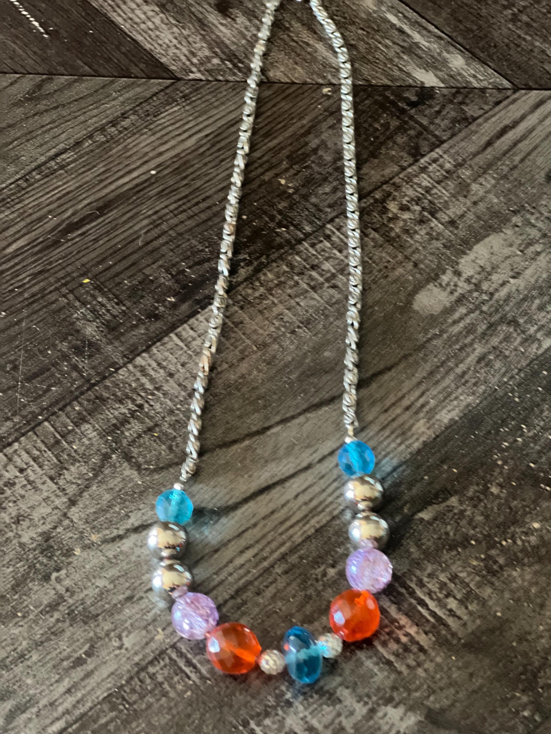 Handmade Beaded Necklace Colorful Glass and Silver Tone Beads Bright & Fun Jewelry