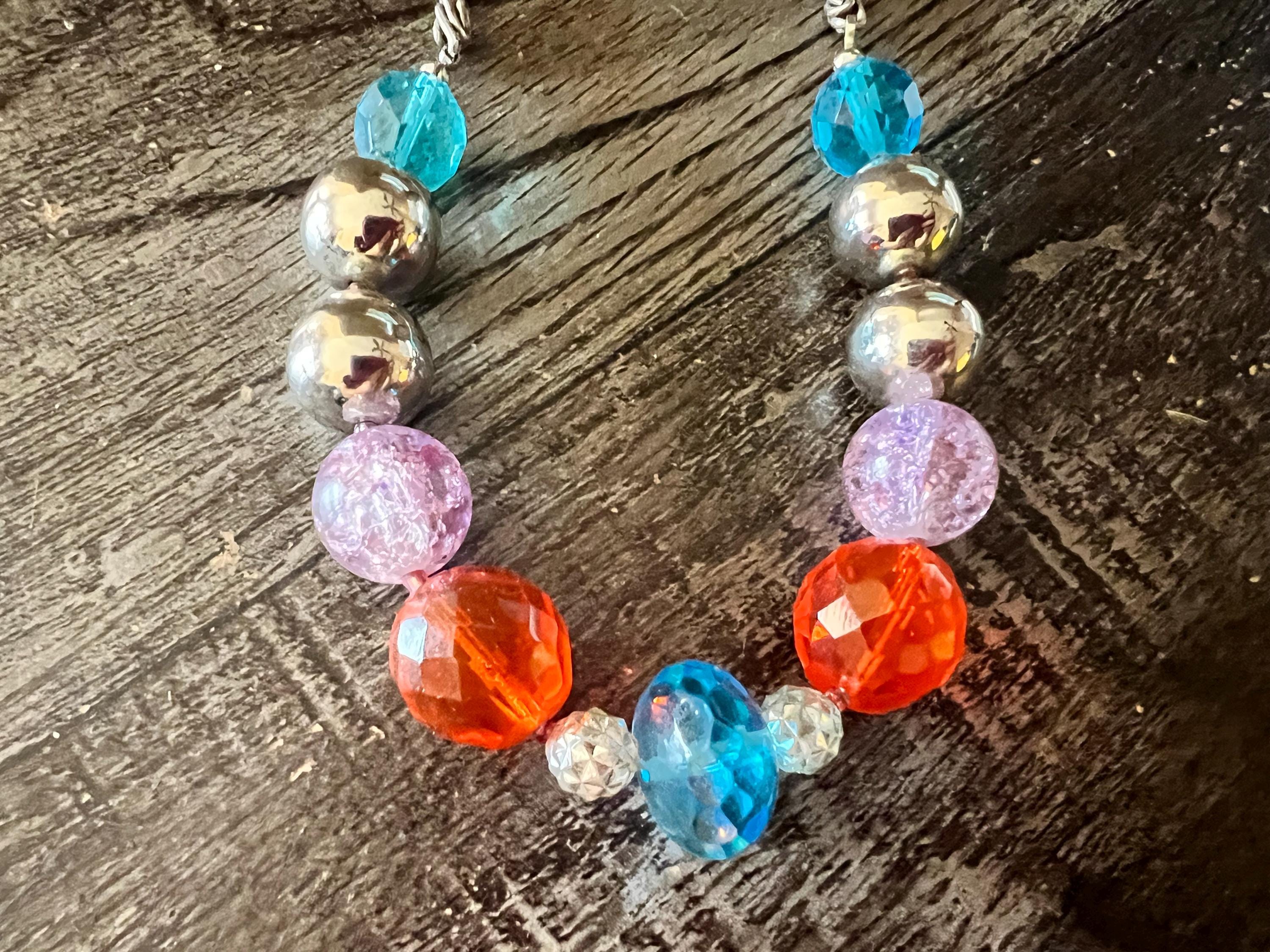 Handmade Beaded Necklace Colorful Glass and Silver Tone Beads Bright & Fun Jewelry
