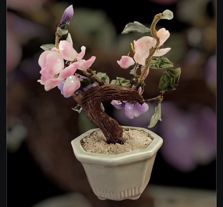 Chinese Jade & Glass Bonsai Tree – Pink & Purple Flowers  9” Tall  Decorative...