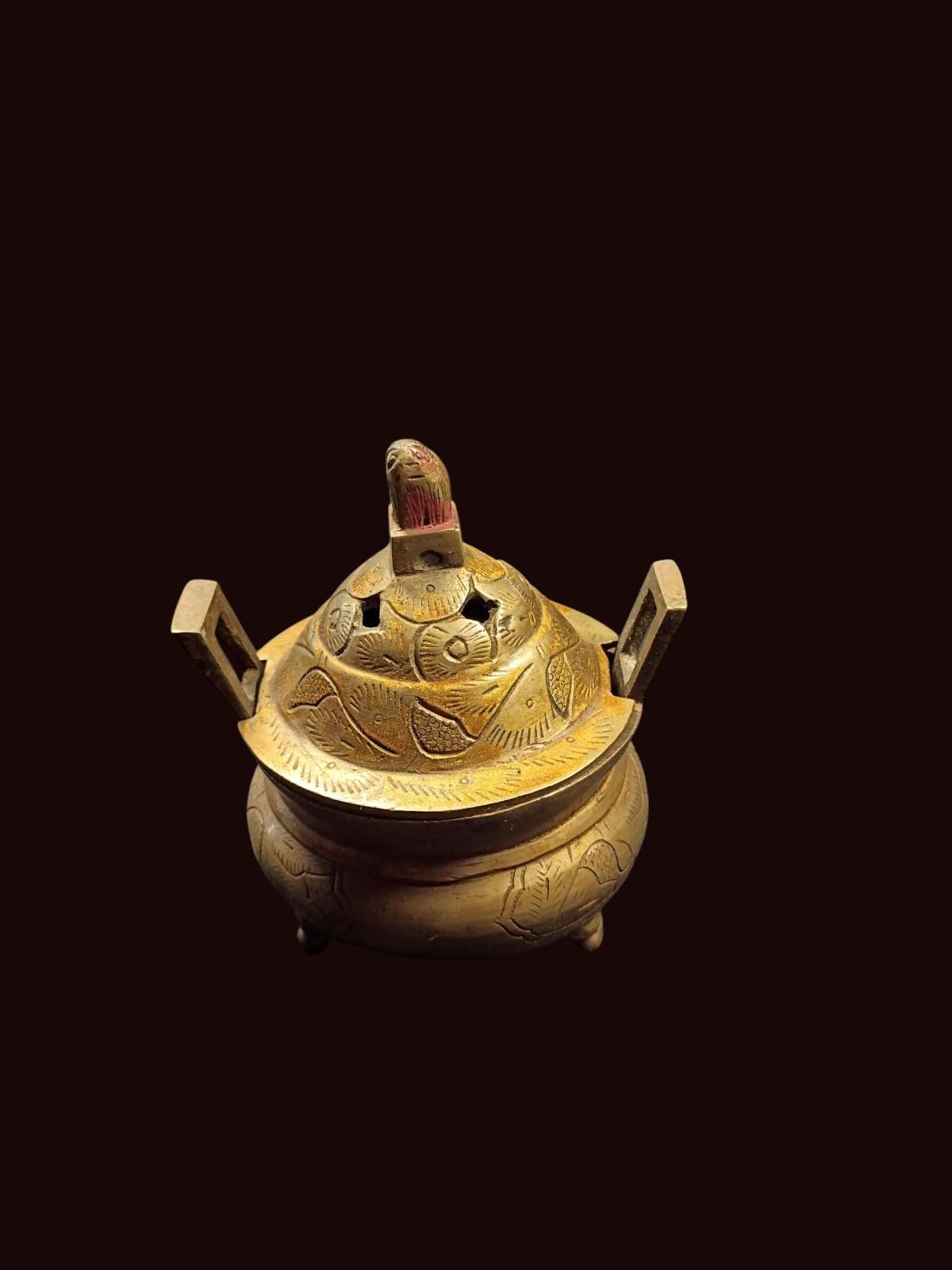 Chinese brass censer incense burner with foo dog lid –