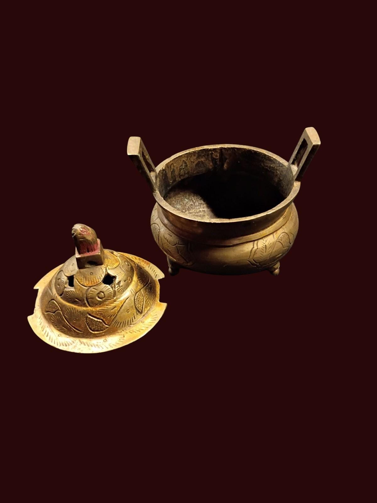 Chinese brass censer incense burner with foo dog lid –