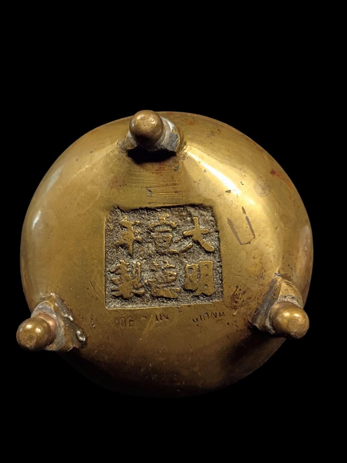 Chinese brass censer incense burner with foo dog lid –