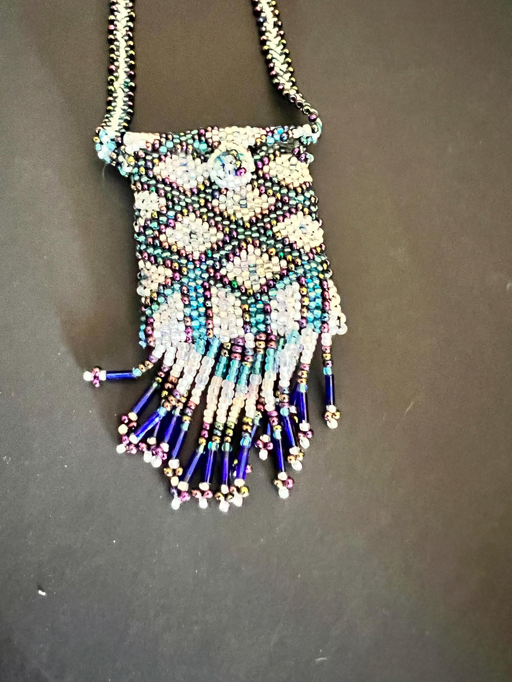 Handmade Beaded Amulet Bag Necklace – Fringe Pouch – Multicolor Seed & Bugle Beads