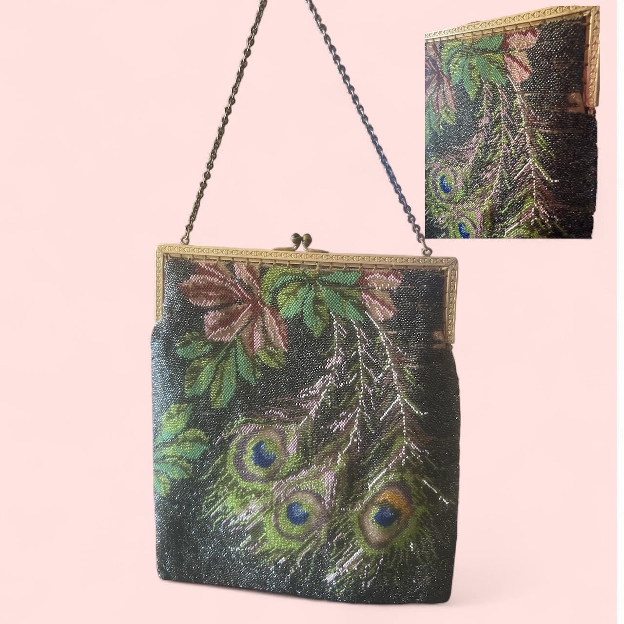 Floral & Peacock Feather Design |Antique Beaded Purse Early 1900s Vintage Evening Bag | Ornate Metal Frame | Restoration Beads Included