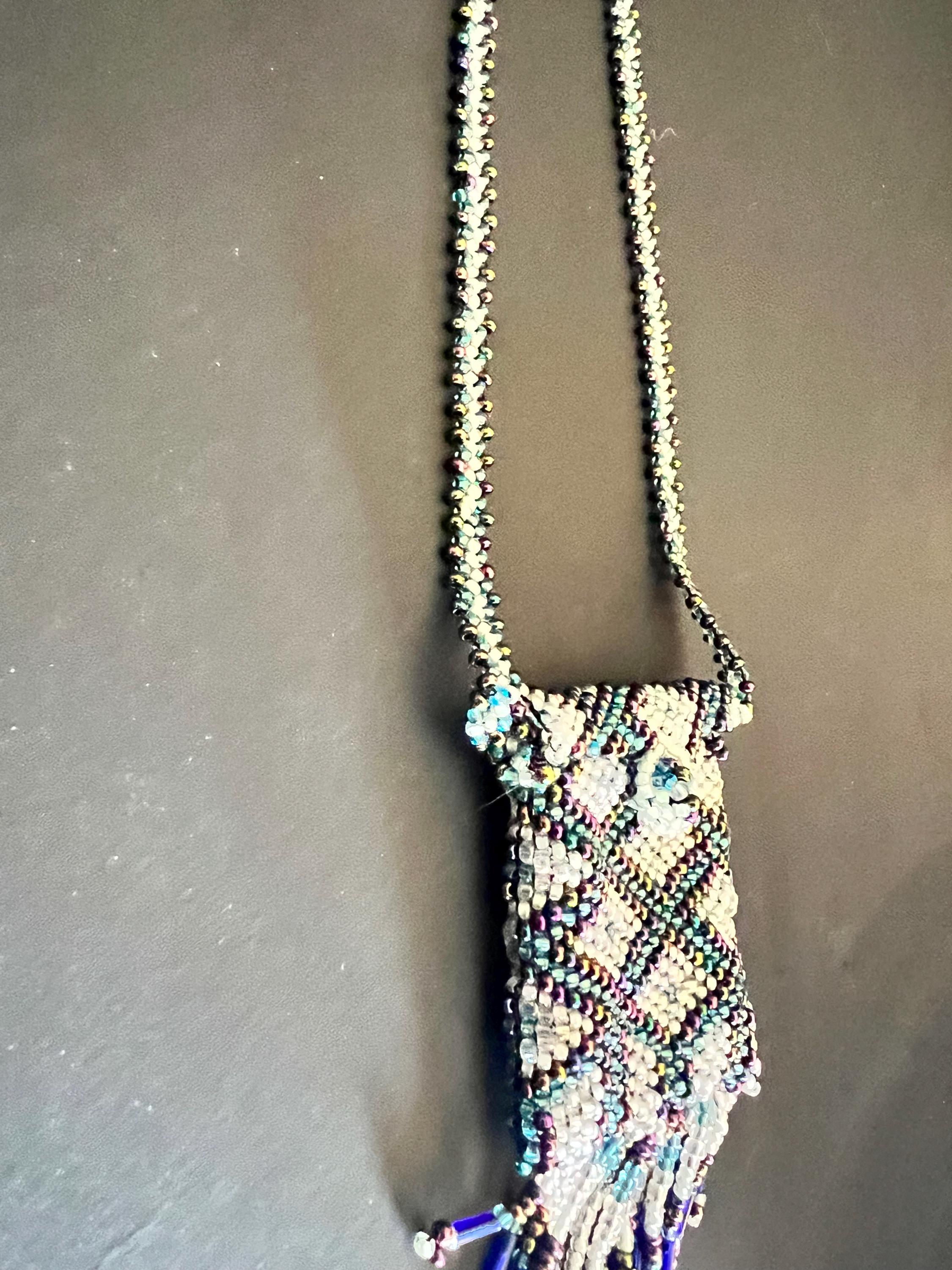 Handmade Beaded Amulet Bag Necklace – Fringe Pouch – Multicolor Seed & Bugle Beads