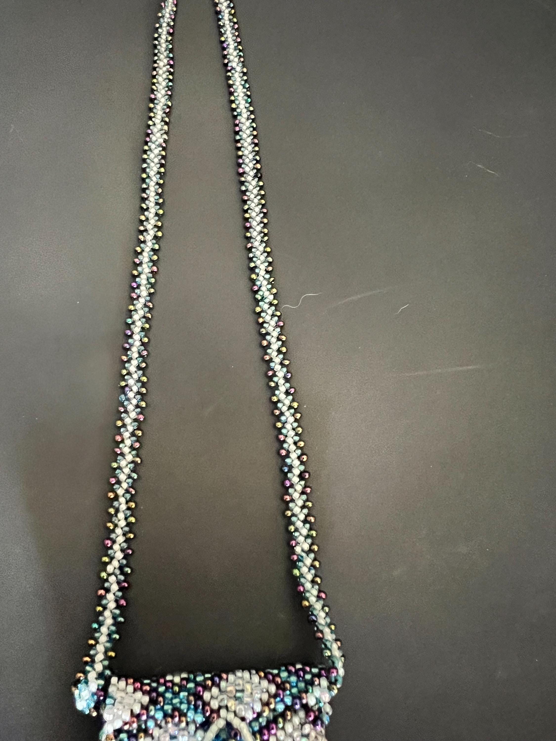 Handmade Beaded Amulet Bag Necklace – Fringe Pouch – Multicolor Seed & Bugle Beads