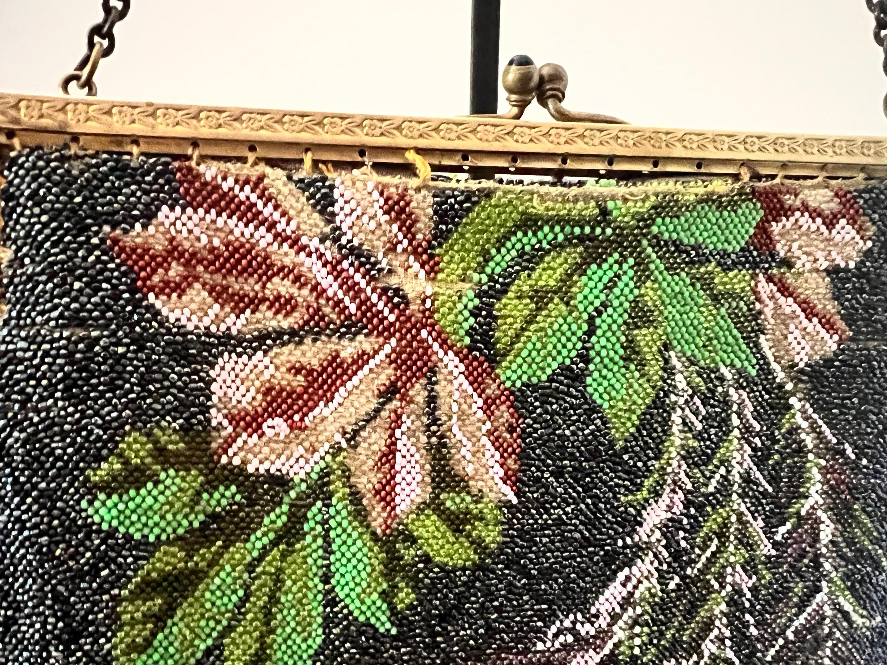 Floral & Peacock Feather Design |Antique Beaded Purse Early 1900s Vintage Evening Bag | Ornate Metal Frame | Restoration Beads Included