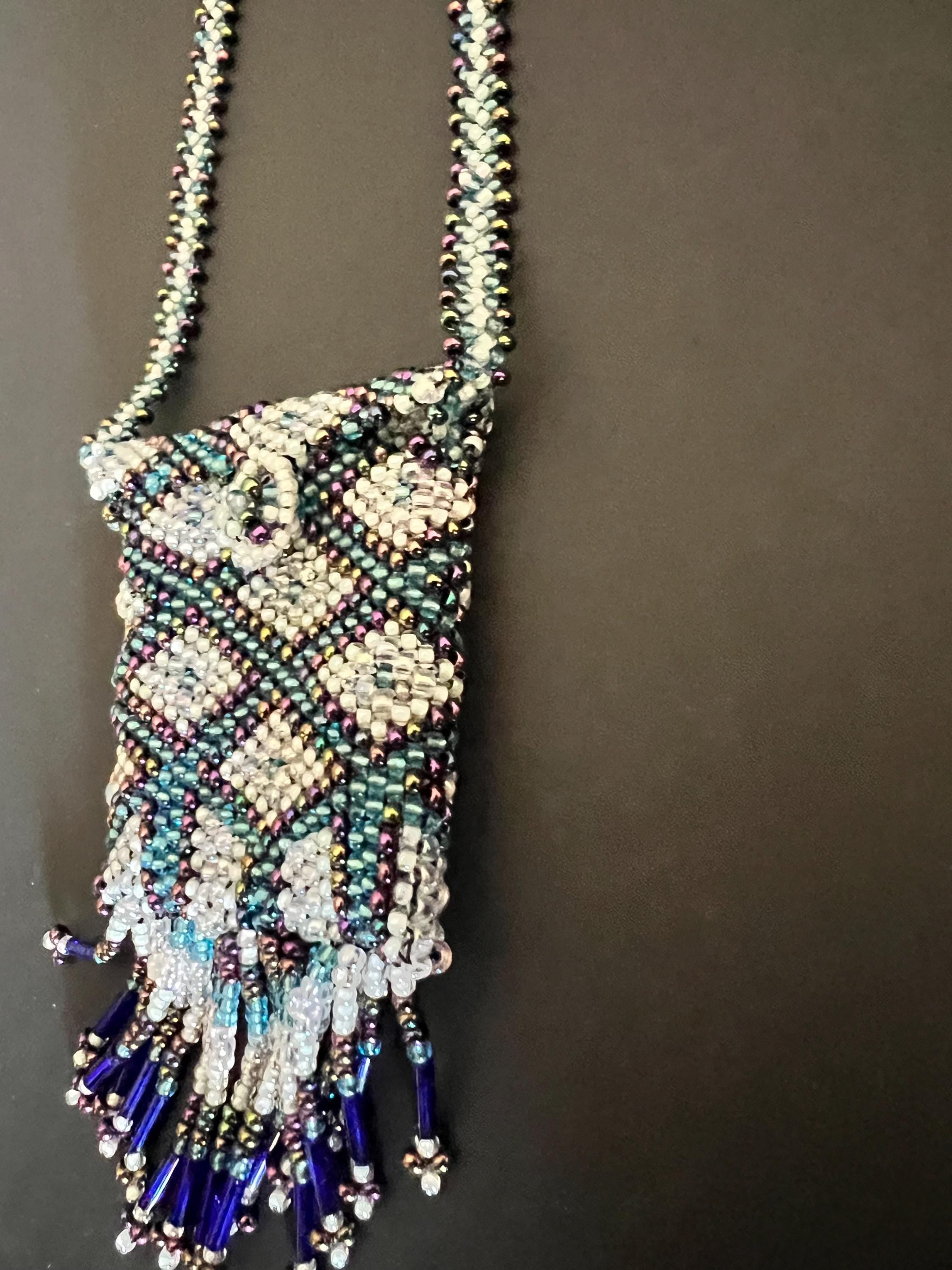 Handmade Beaded Amulet Bag Necklace – Fringe Pouch – Multicolor Seed & Bugle Beads