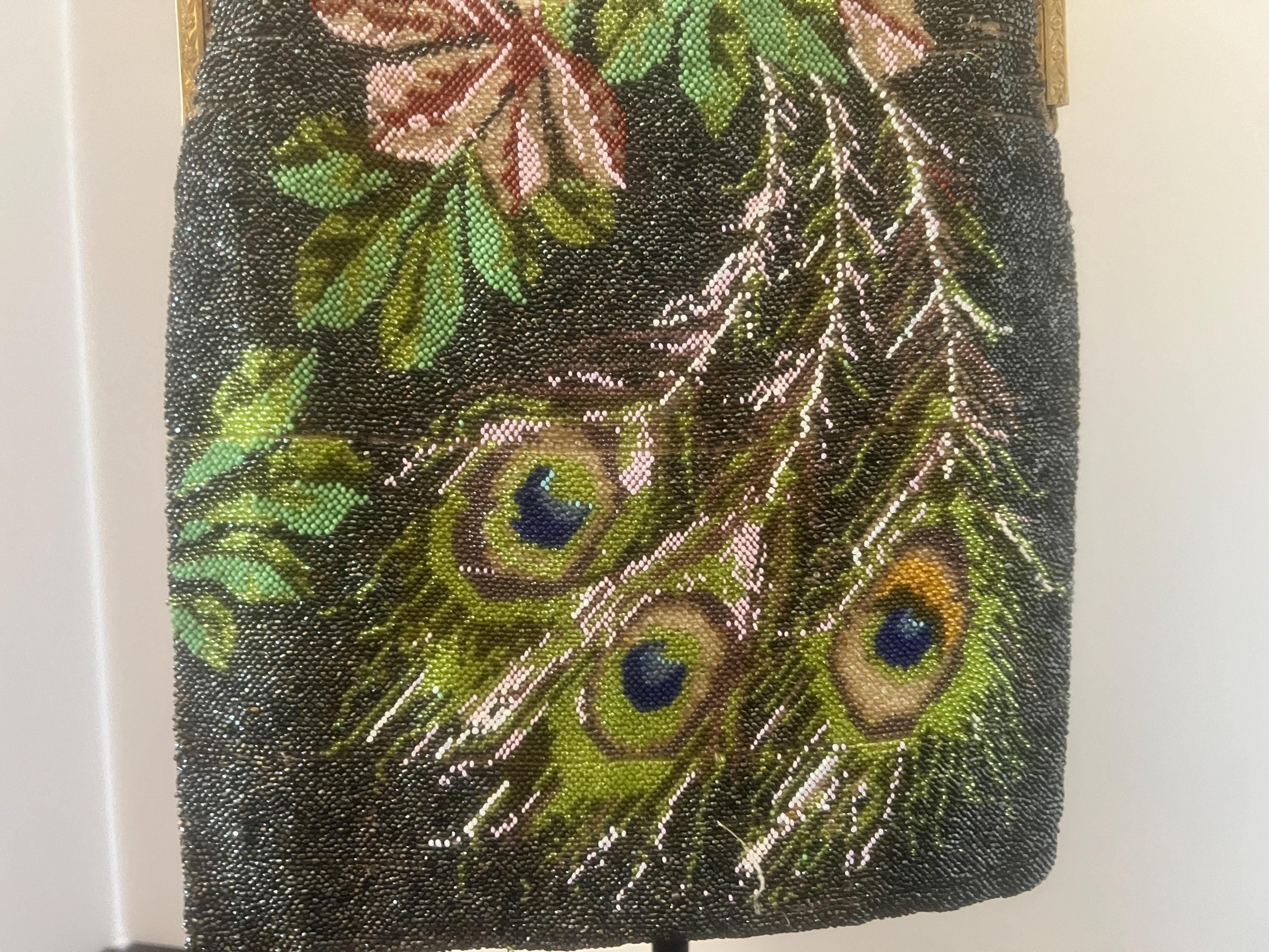Floral & Peacock Feather Design |Antique Beaded Purse Early 1900s Vintage Evening Bag | Ornate Metal Frame | Restoration Beads Included