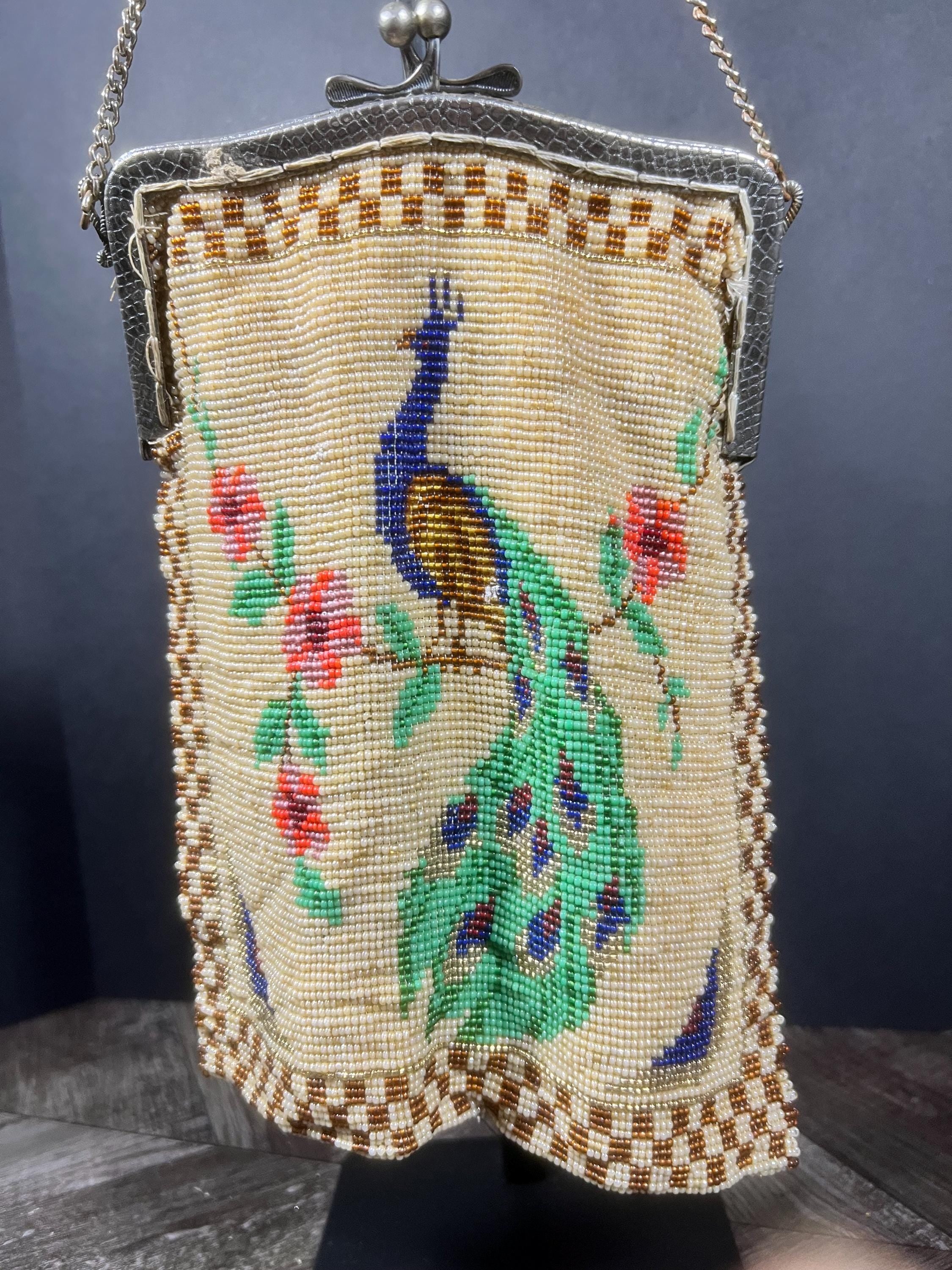 1920s Beaded Peacock Purse – Art Deco Flapper Evening Bag with Chain Handle Vintage
