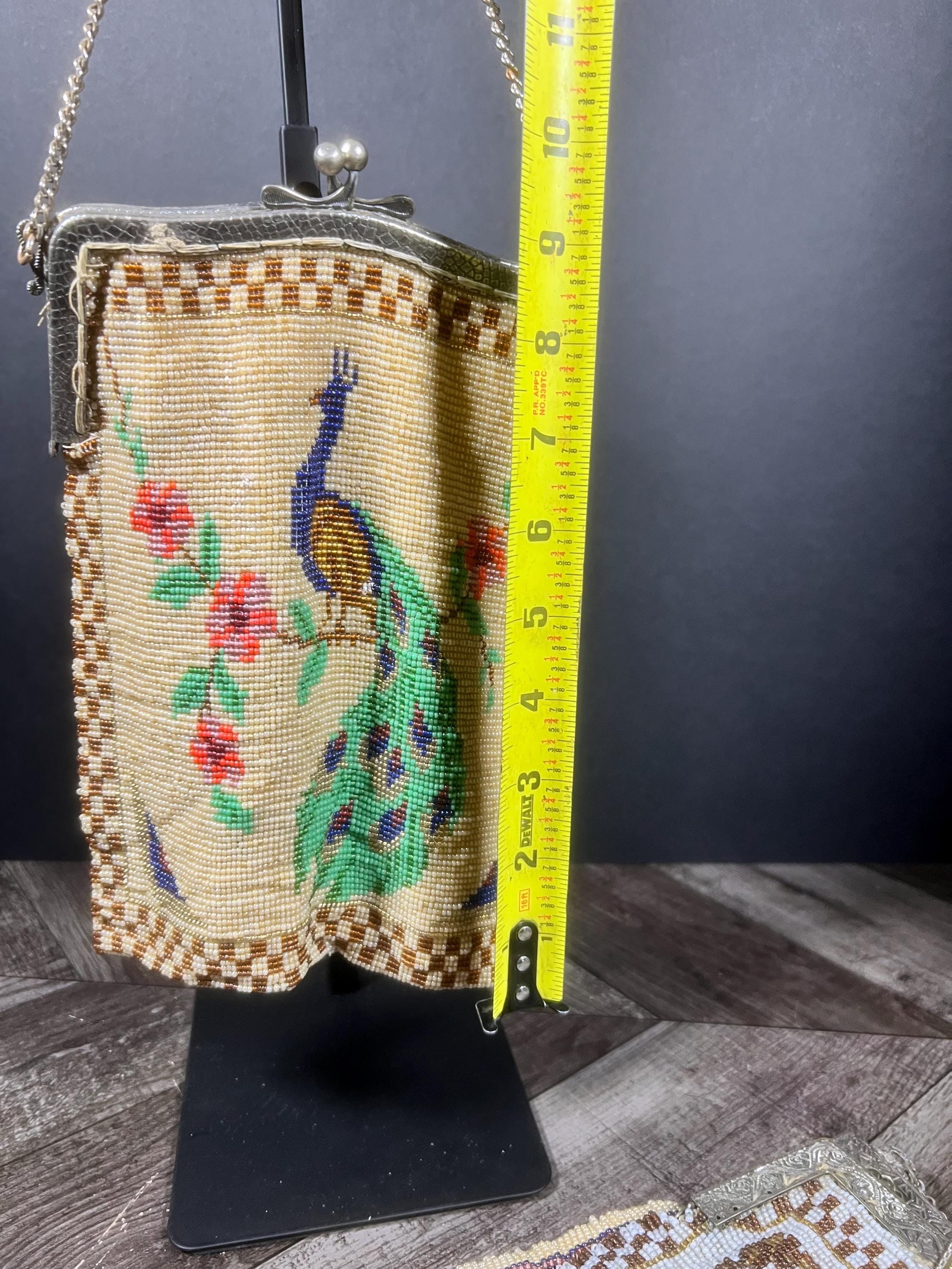 1920s Beaded Peacock Purse – Art Deco Flapper Evening Bag with Chain Handle Vintage
