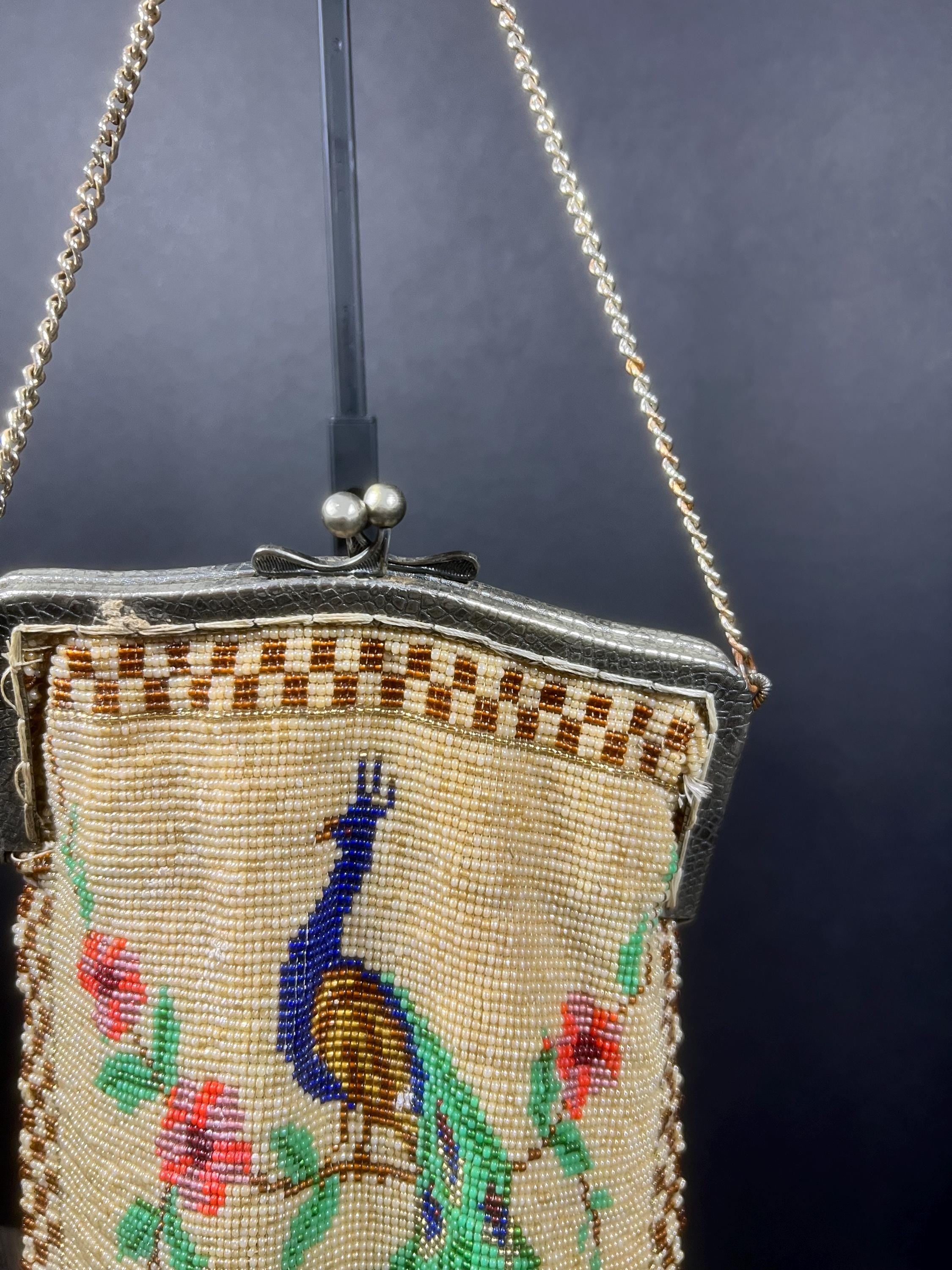 1920s Beaded Peacock Purse – Art Deco Flapper Evening Bag with Chain Handle Vintage