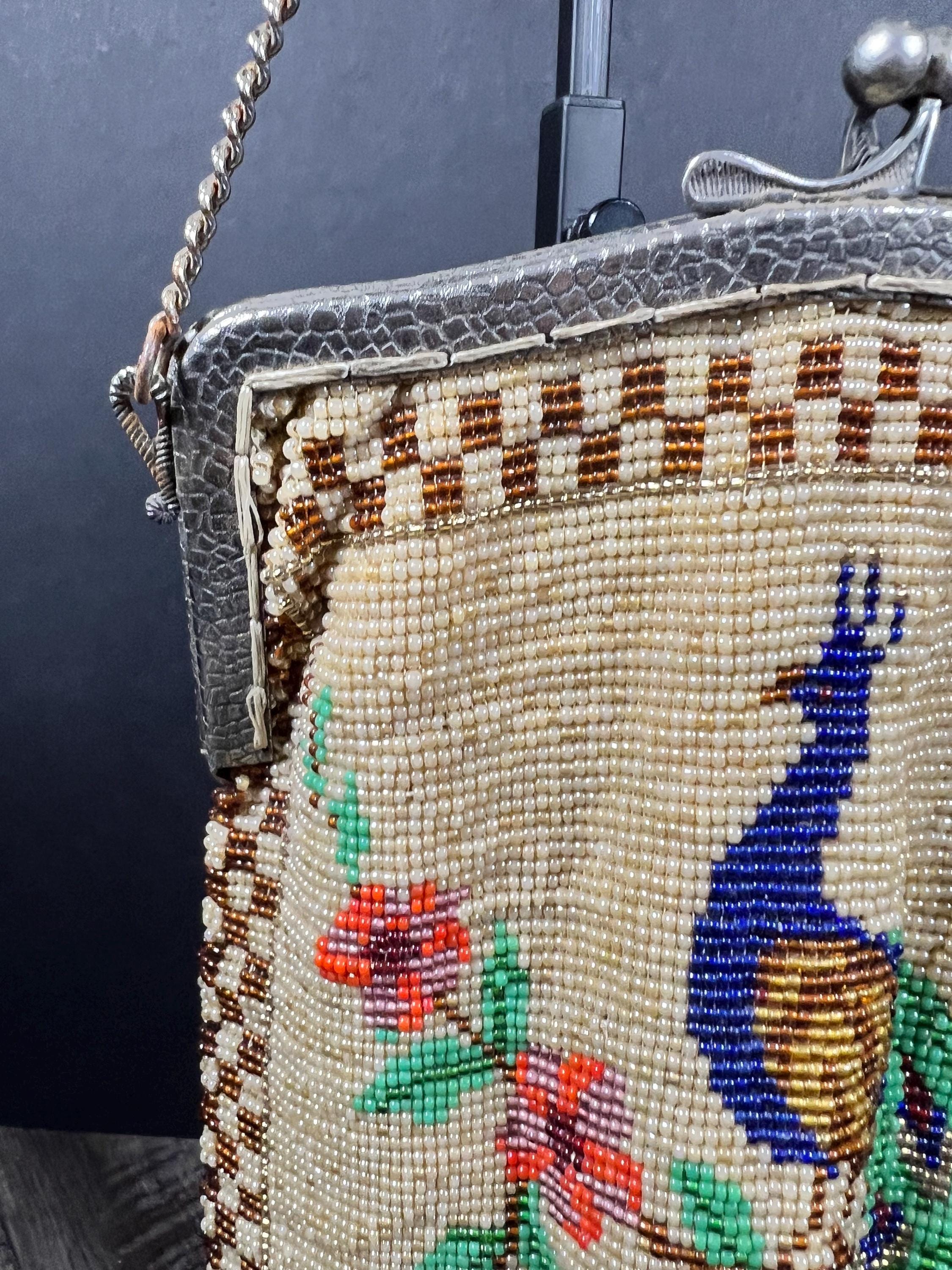 1920s Beaded Peacock Purse – Art Deco Flapper Evening Bag with Chain Handle Vintage