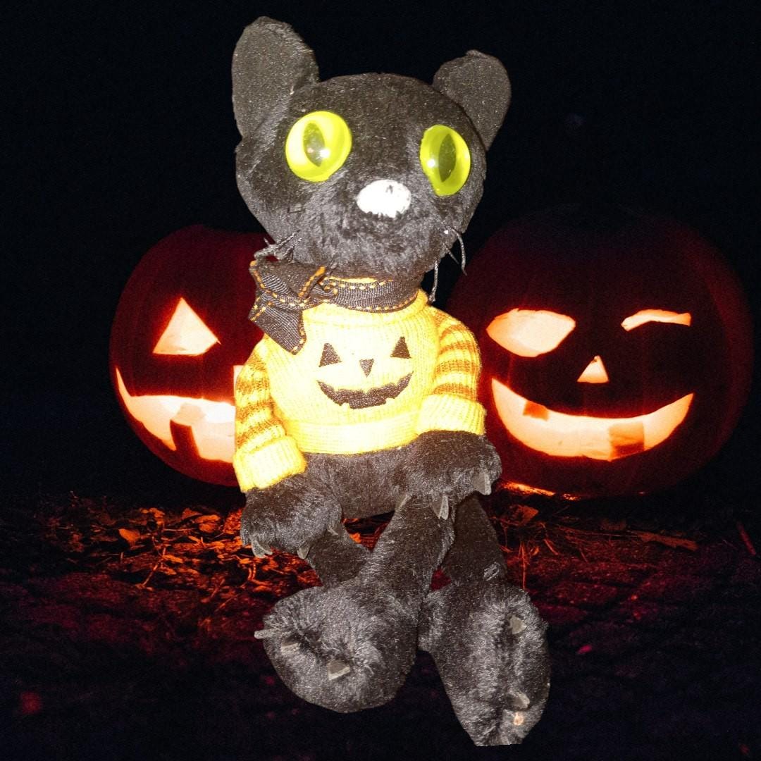 Halloween plush lot – bear in mask, 2 black cats, pumpkin & candy corn outfits