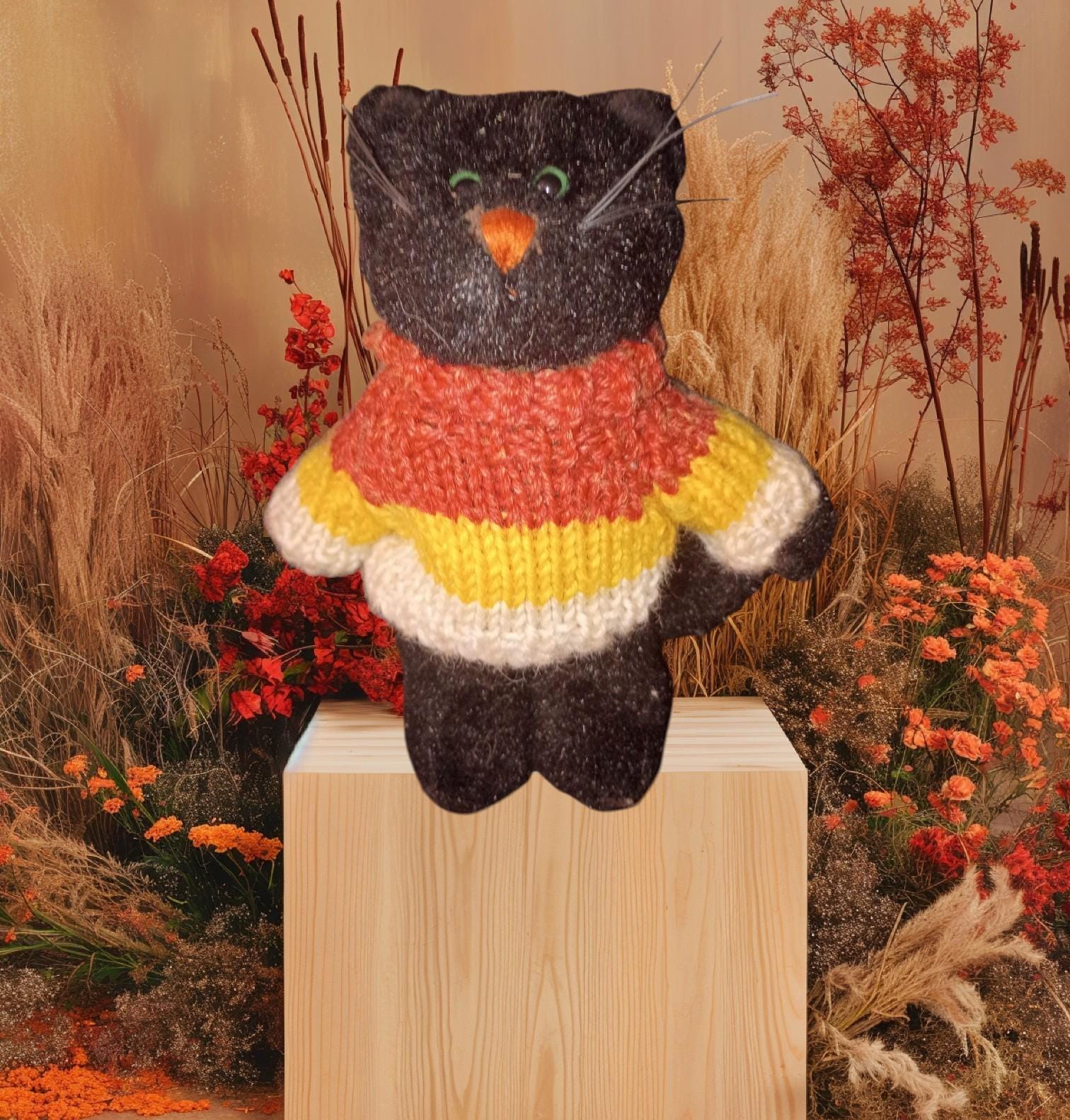 Halloween plush lot – bear in mask, 2 black cats, pumpkin & candy corn outfits