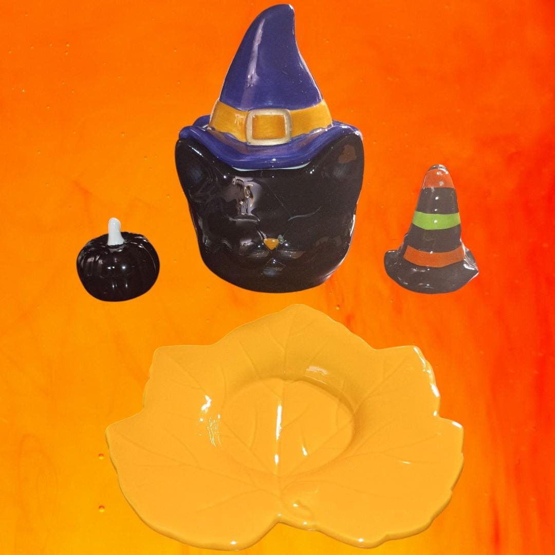 Halloween ceramic decor set – black cat witch jar, candy corn hat, leaf...