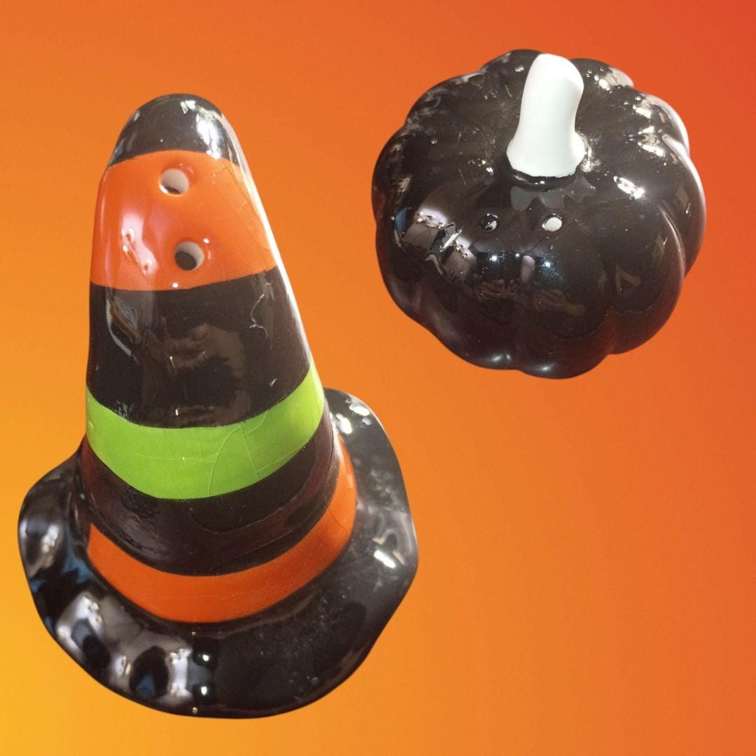 Halloween ceramic decor set – black cat witch jar, candy corn hat, leaf...